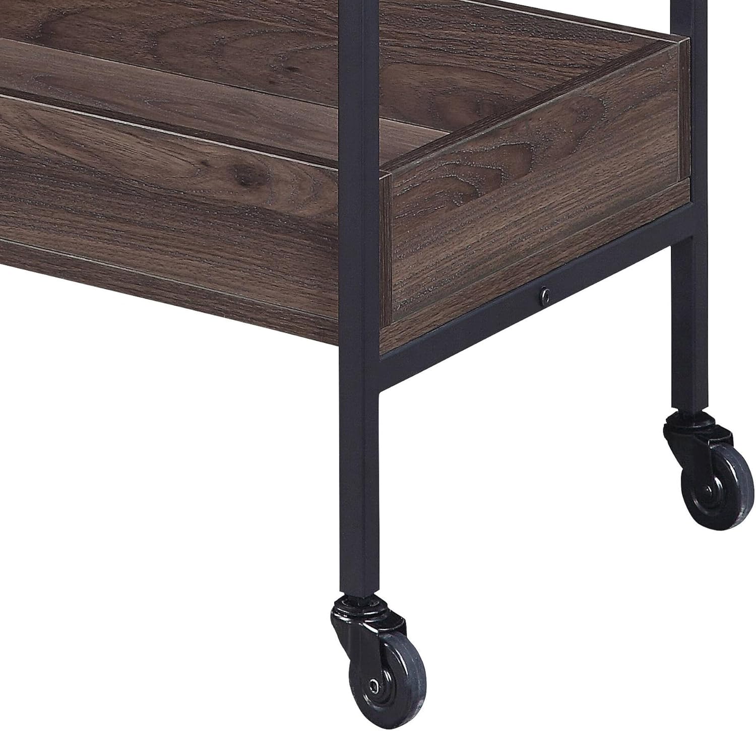 Walnut and Black Serving Cart with Two Shelves and Cup Holder