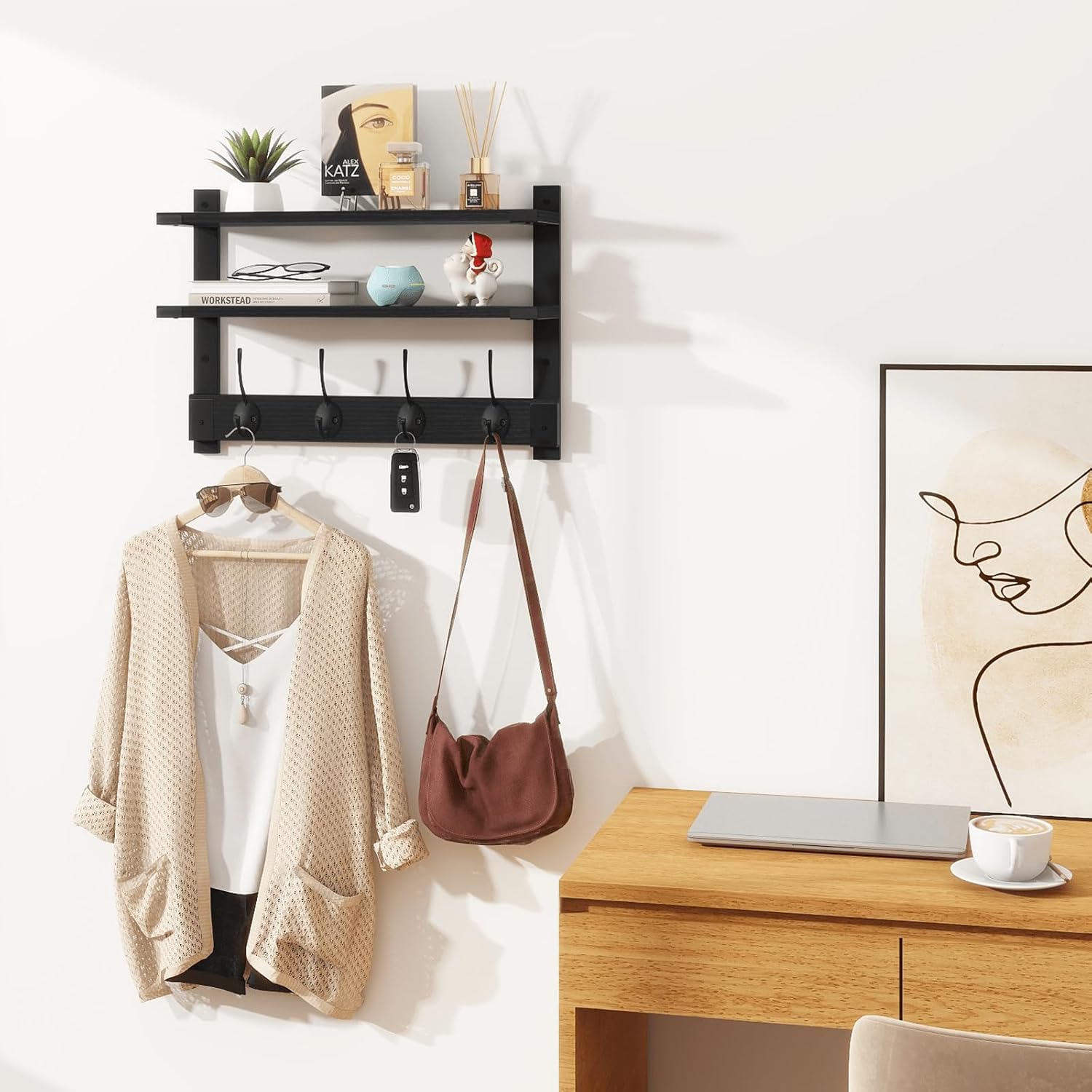 Homode 2 Tier Wall Shelf with Hooks Coat Rack