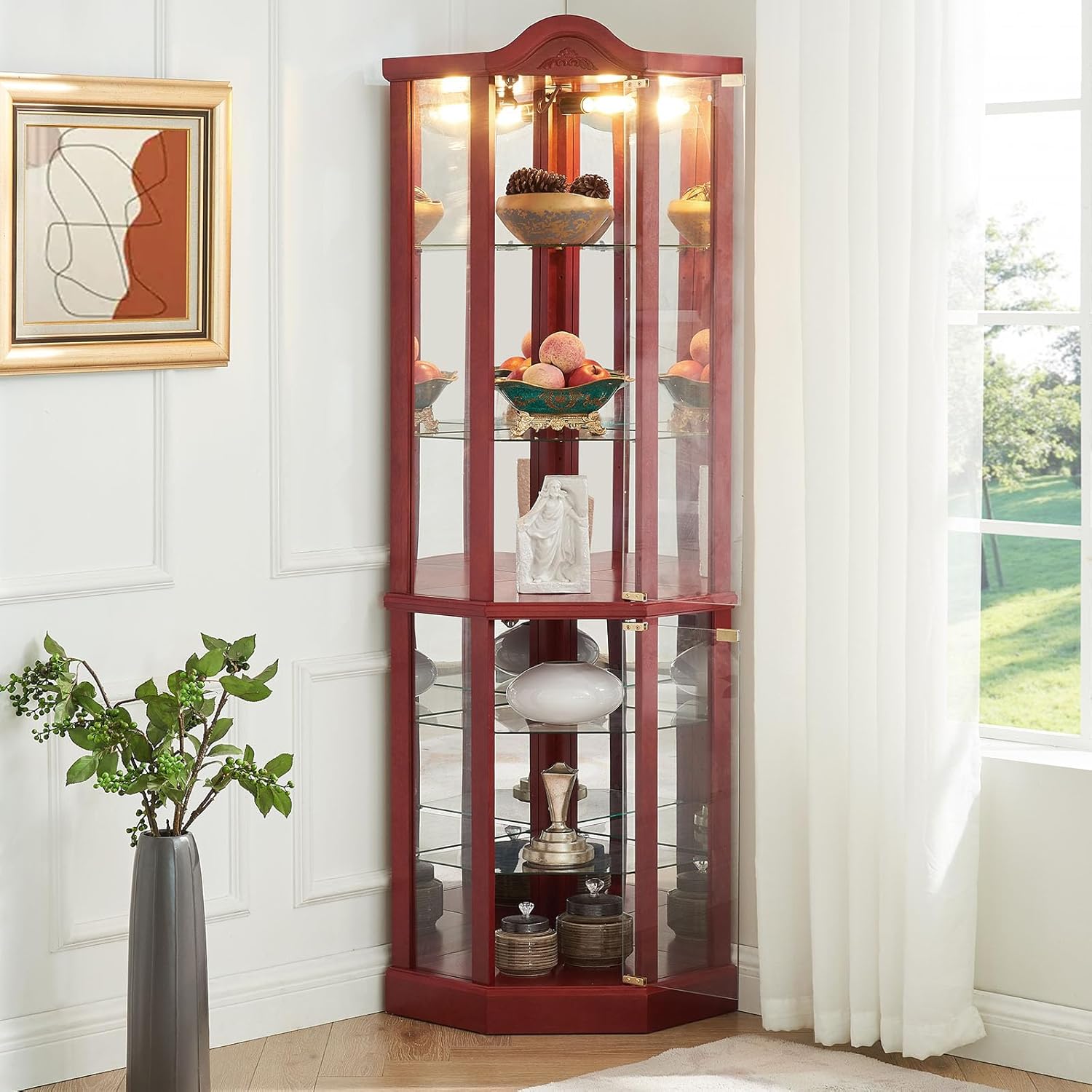 Cherry Corner Curio Cabinet with 4 Adjustable Glass Shelves and Glass Doors