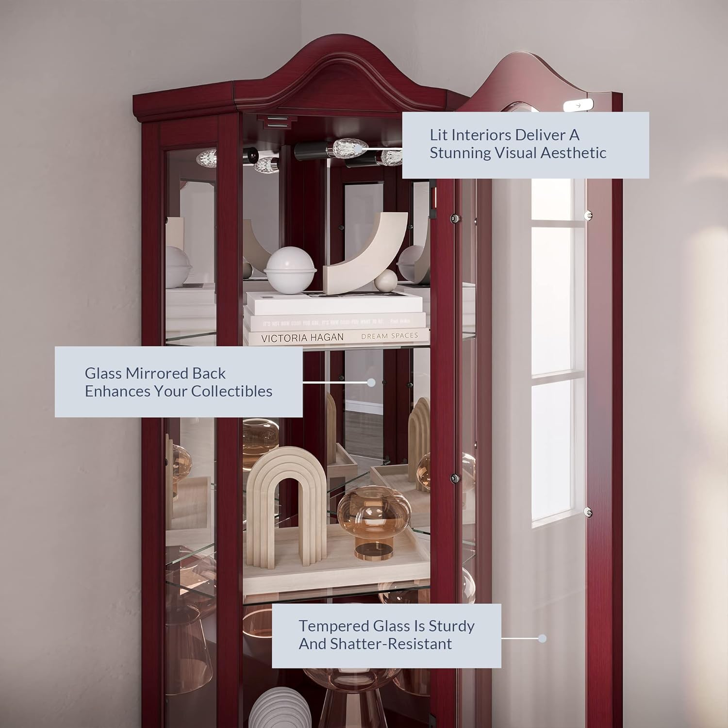 BELLEZE Lighted Curio Cabinet with 5 Shelves