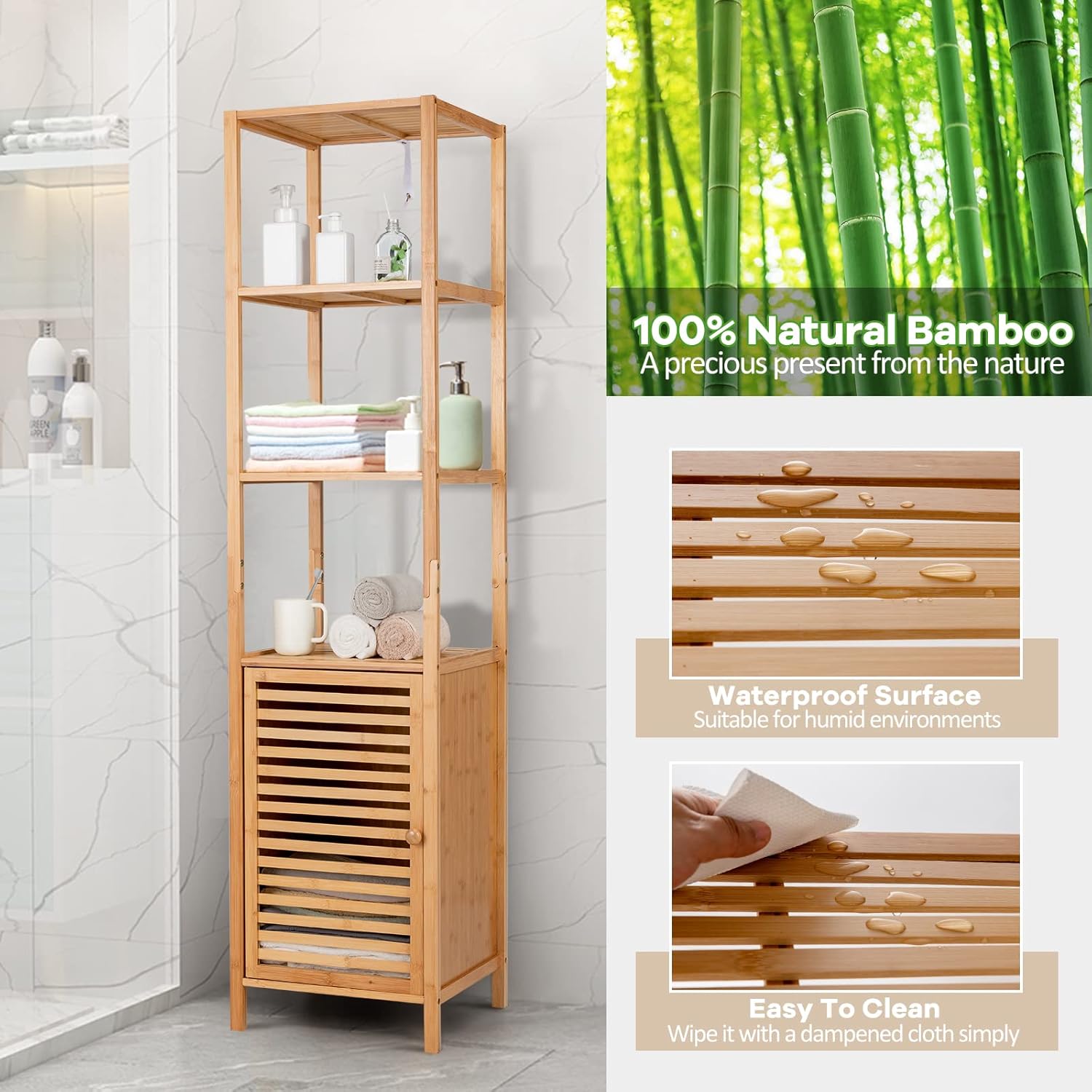 Giantex Bamboo Storage Cabinet 4-Tier Slim Shelving Unit with Shutter Door and Anti-Toppling Device