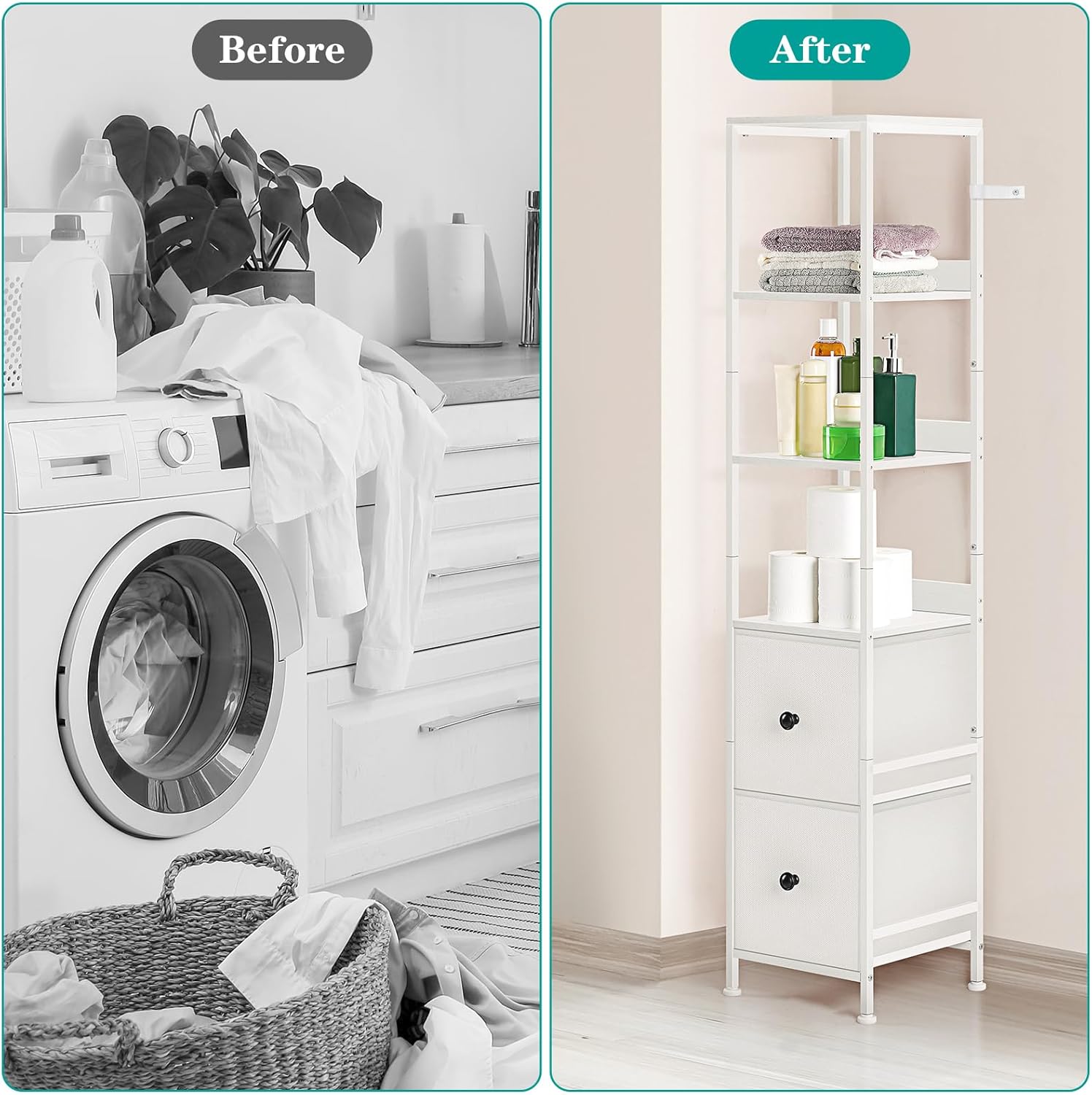 NOVIMANGO White Bathroom Storage Cabinet with 5-Tier Shelves and Fabric Drawers