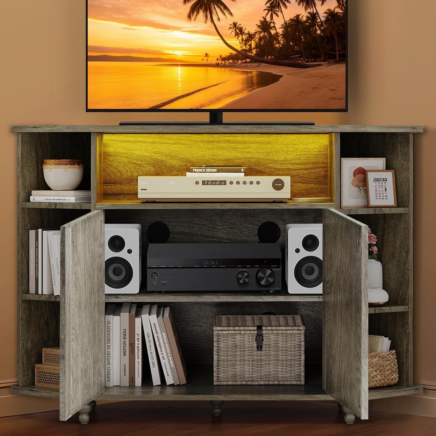 4 Ever Winner Corner TV Stand for 50 Inch TV Farmhouse Style with LED Light Open Storage Adjustable Shelves Grey