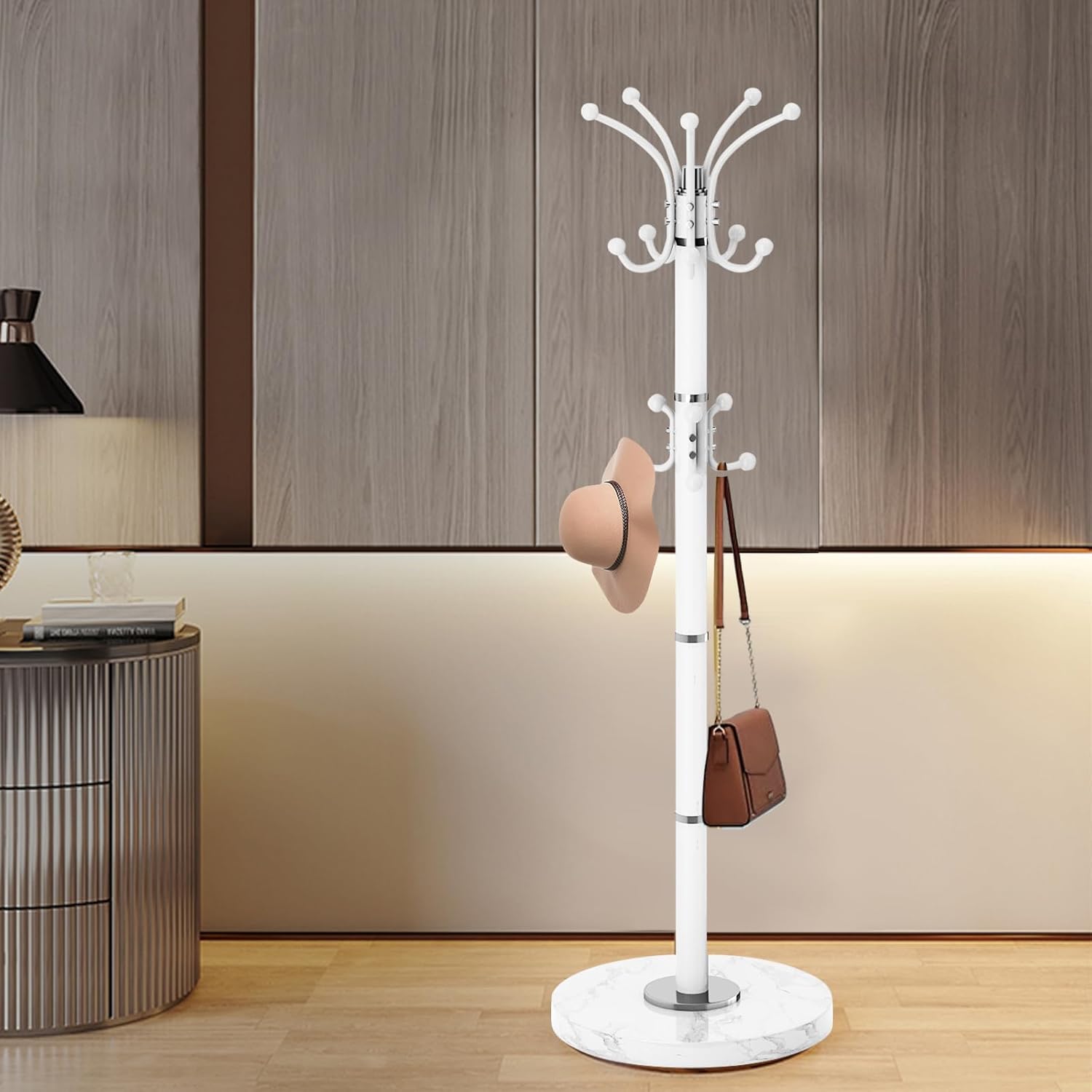 Modern Metal Coat Rack with 360 Rotary Design and Natural Marble Base