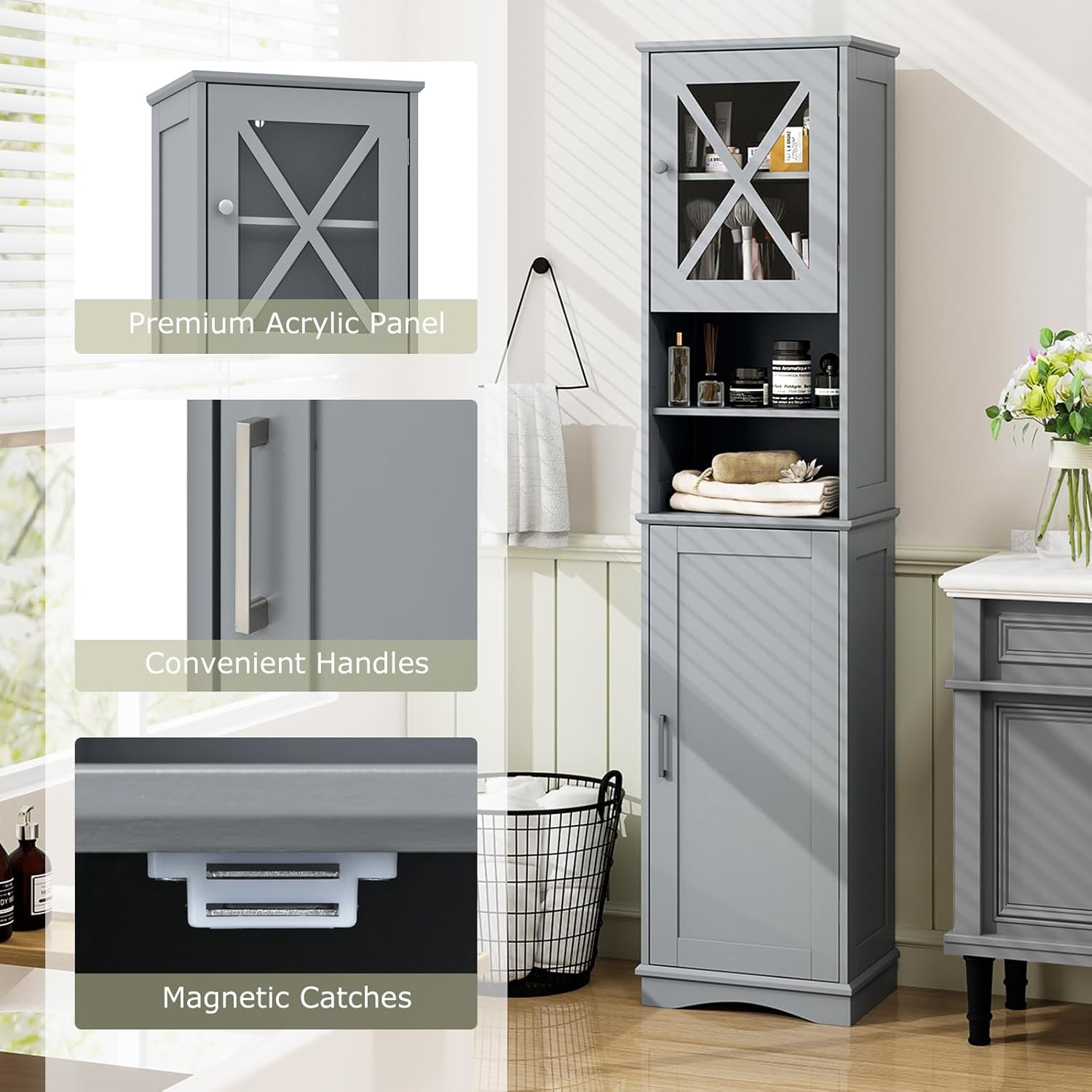Tangkula 67 Inch Tall Bathroom Cabinet with Acrylic Doors and Adjustable Shelves
