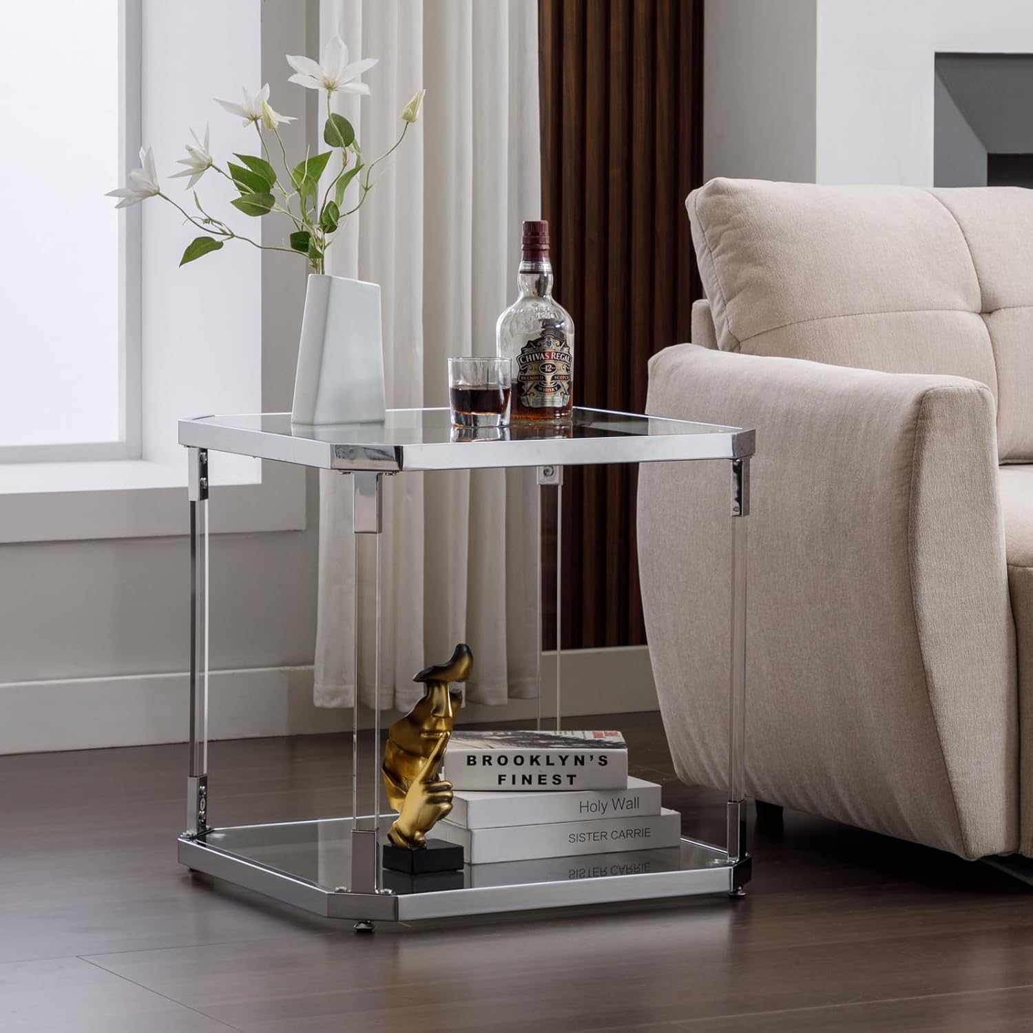 Silver Square Glass Top Side Table - Modern Nightstand for Living Room and Bedroom