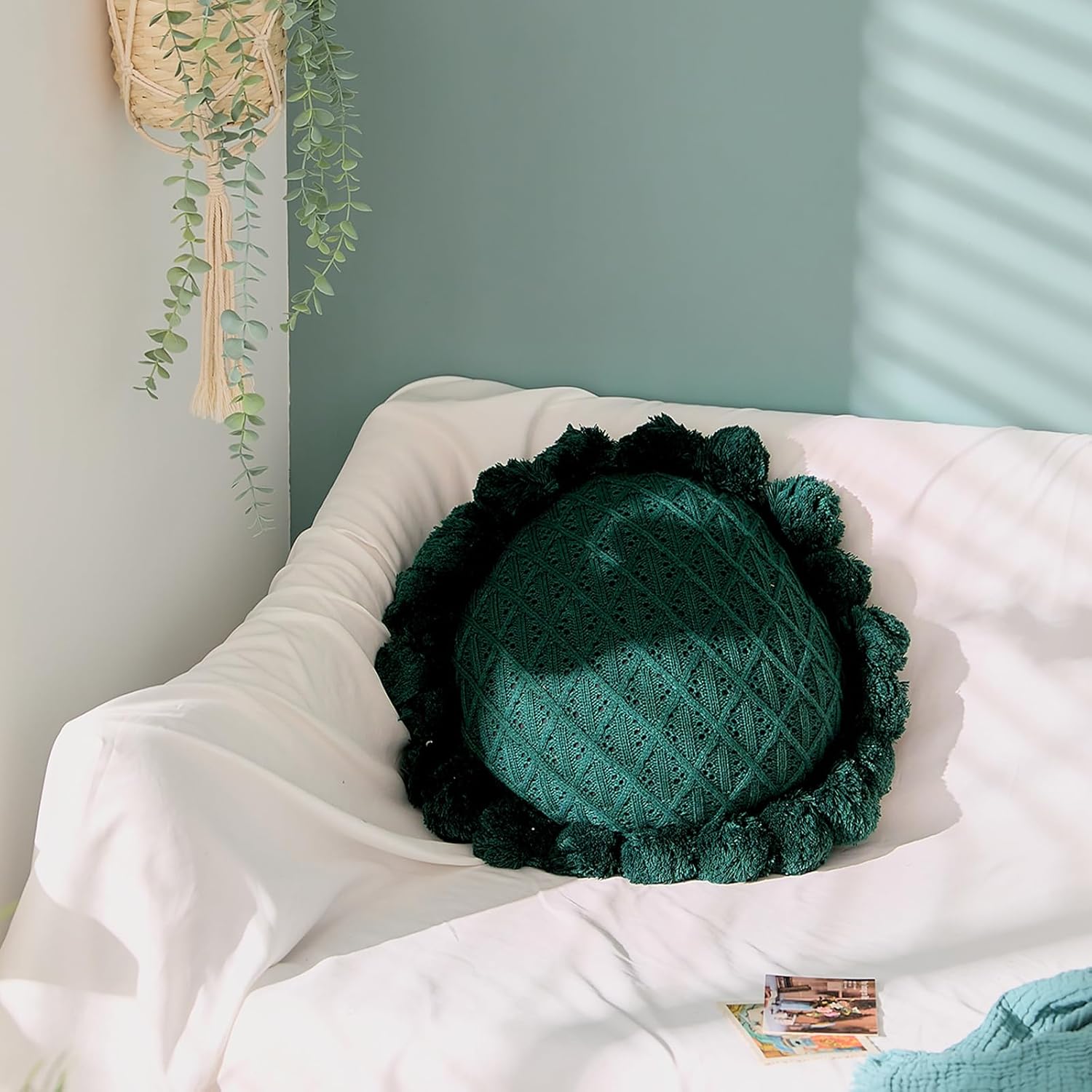 Acrylic Knitted Throw Pillow with Pom Poms Dark Green 18 Inches Diameter