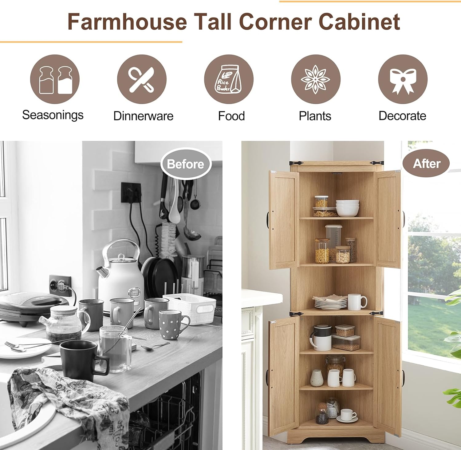 Tall Farmhouse Corner Cabinet with 4 Doors and Adjustable Shelves