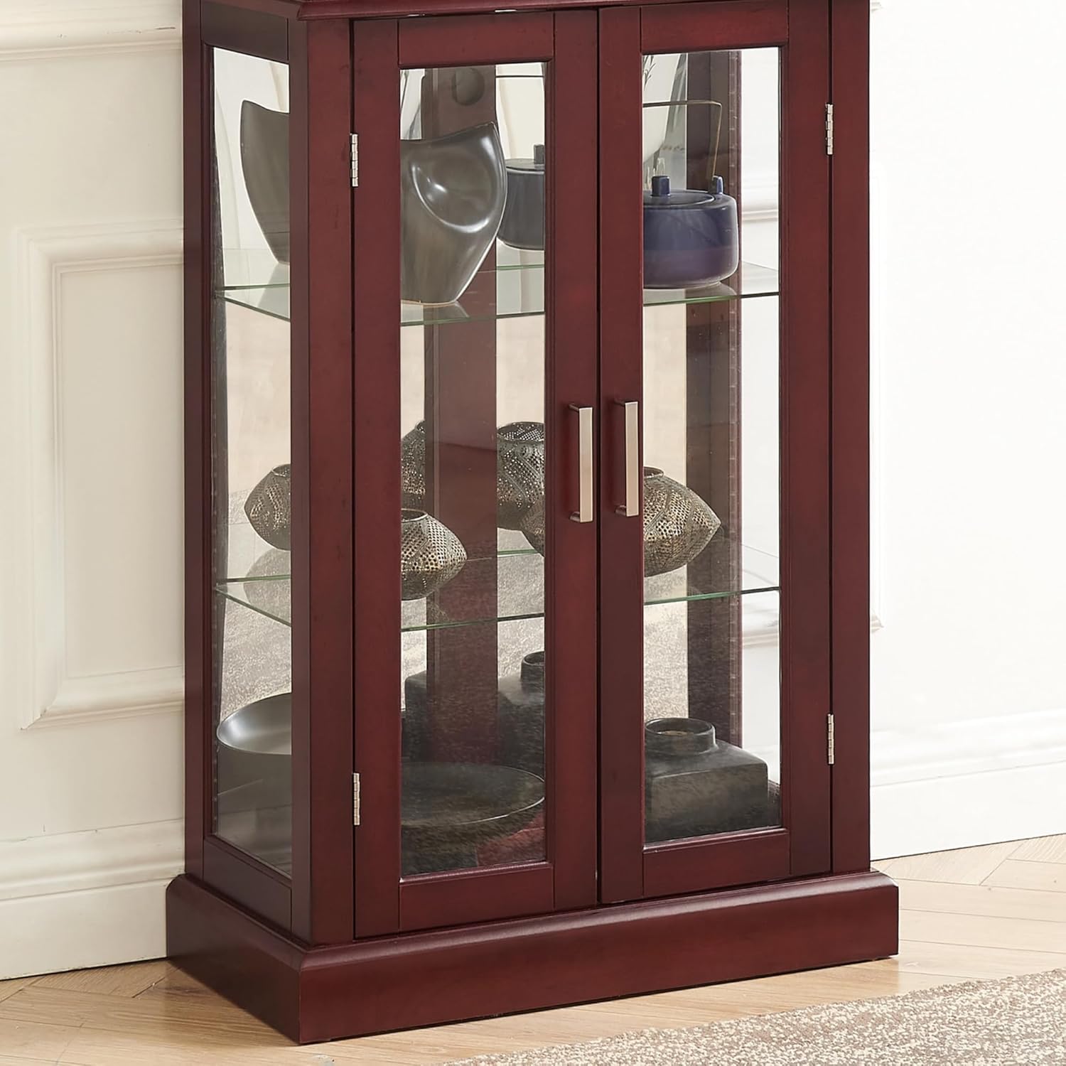 Tall Storage Cabinet with Adjustable Shelves and Lighted Glass Display