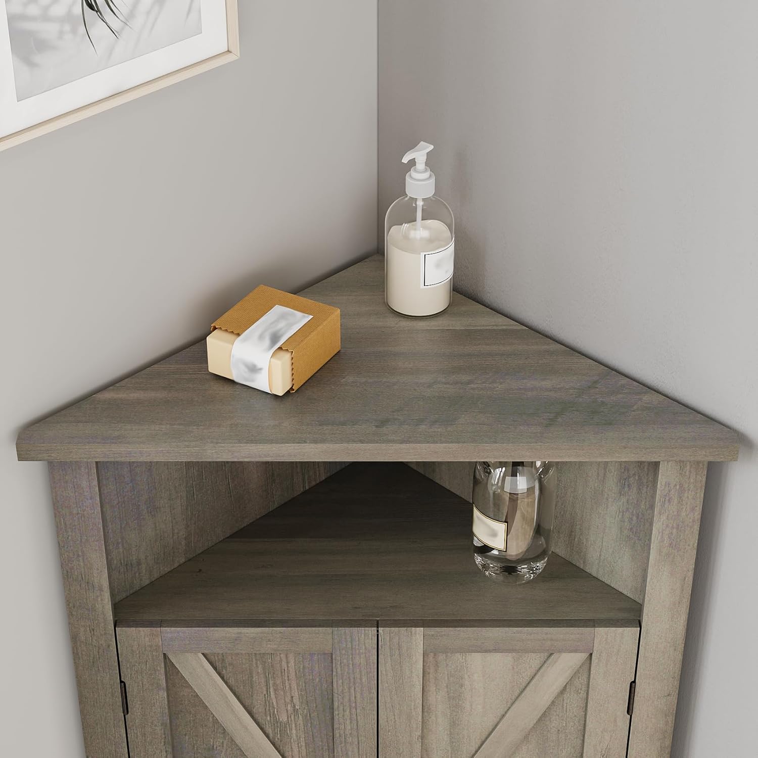 Farmhouse Corner Cabinet with Adjustable Shelves and Doors Grey