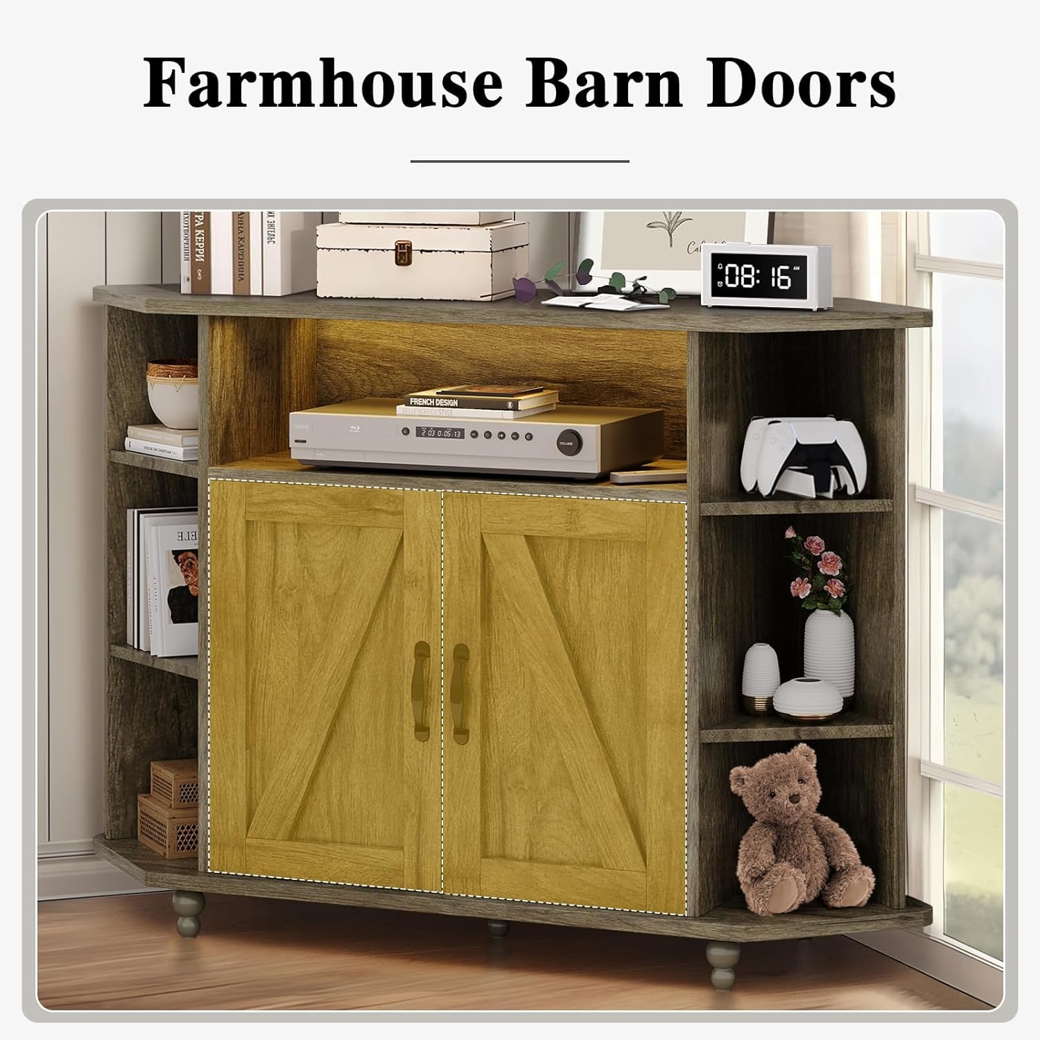 4 Ever Winner Corner TV Stand for 50 Inch TV Farmhouse Style with LED Light Open Storage Adjustable Shelves Grey