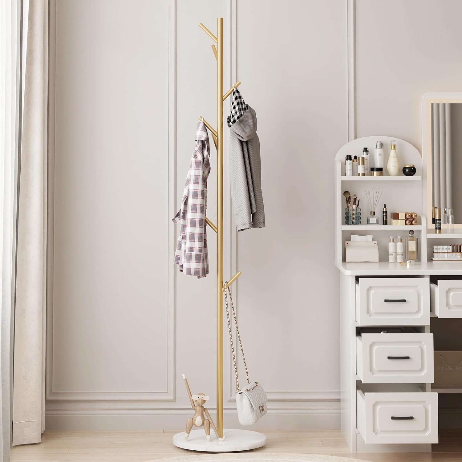Gold Coat Rack Freestanding with Marble Base and 8 Hooks