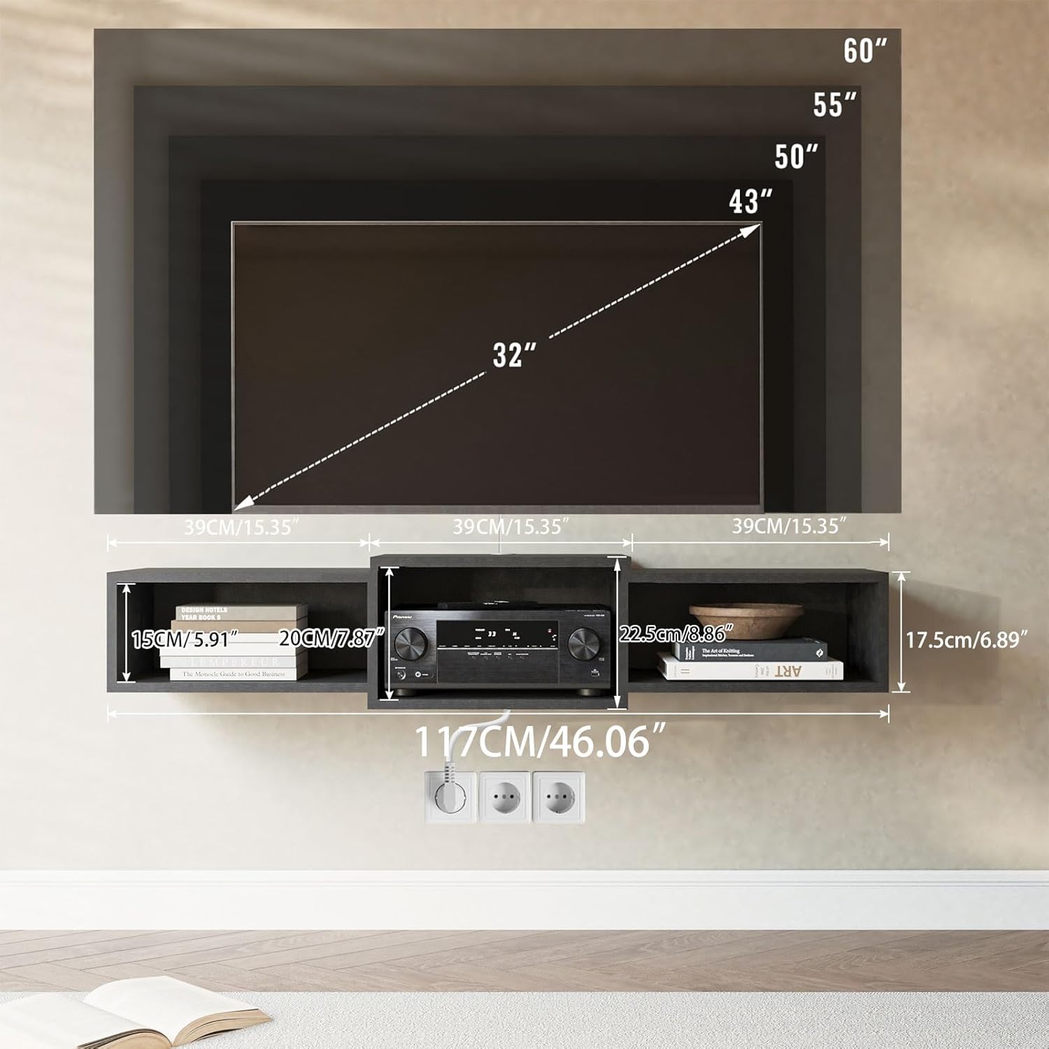 IBUYKE Floating TV Stand Wall Mounted with Power Outlet