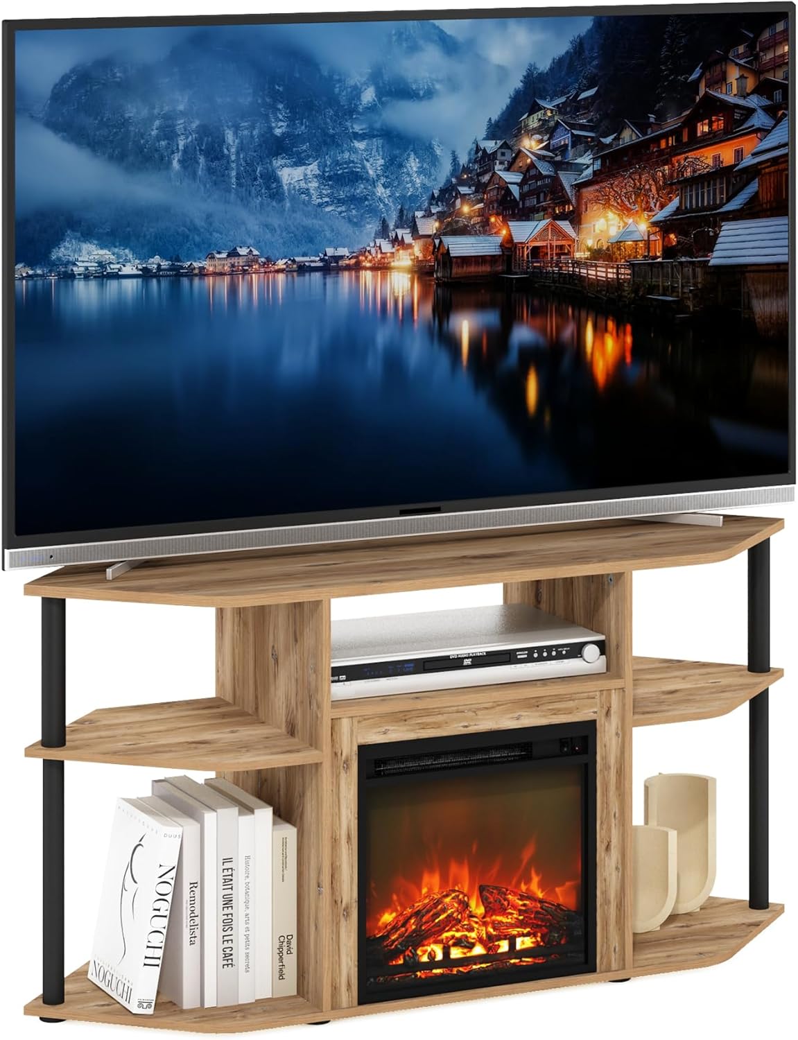 Furinno Jensen Storage Corner TV Stand with Fireplace