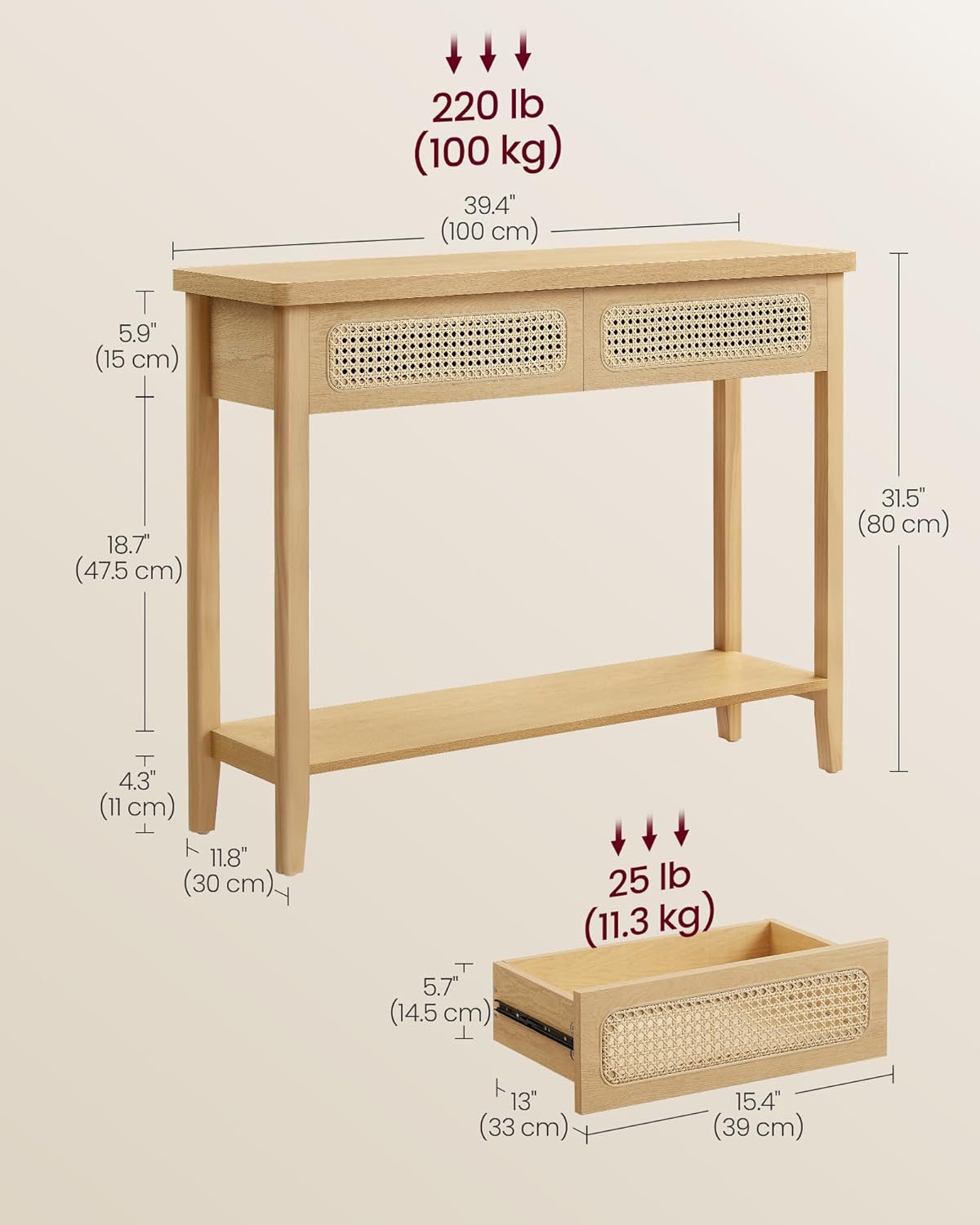 VASAGLE Console Table with 2 Drawers and Open Shelf Boho Style Oak Beige