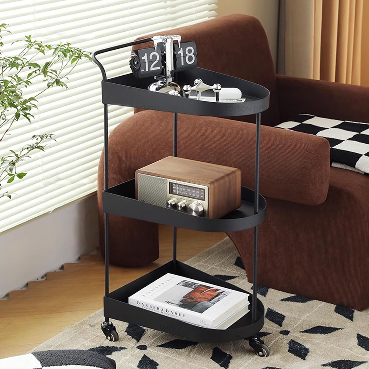 3-Tier Rolling Bar Cart with Metal Frame Black 15Dx9Wx31H