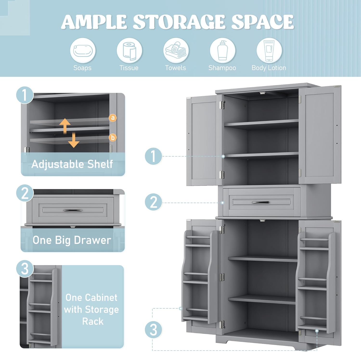 Tall Bathroom Storage Cabinet with Adjustable Shelves and Drawer