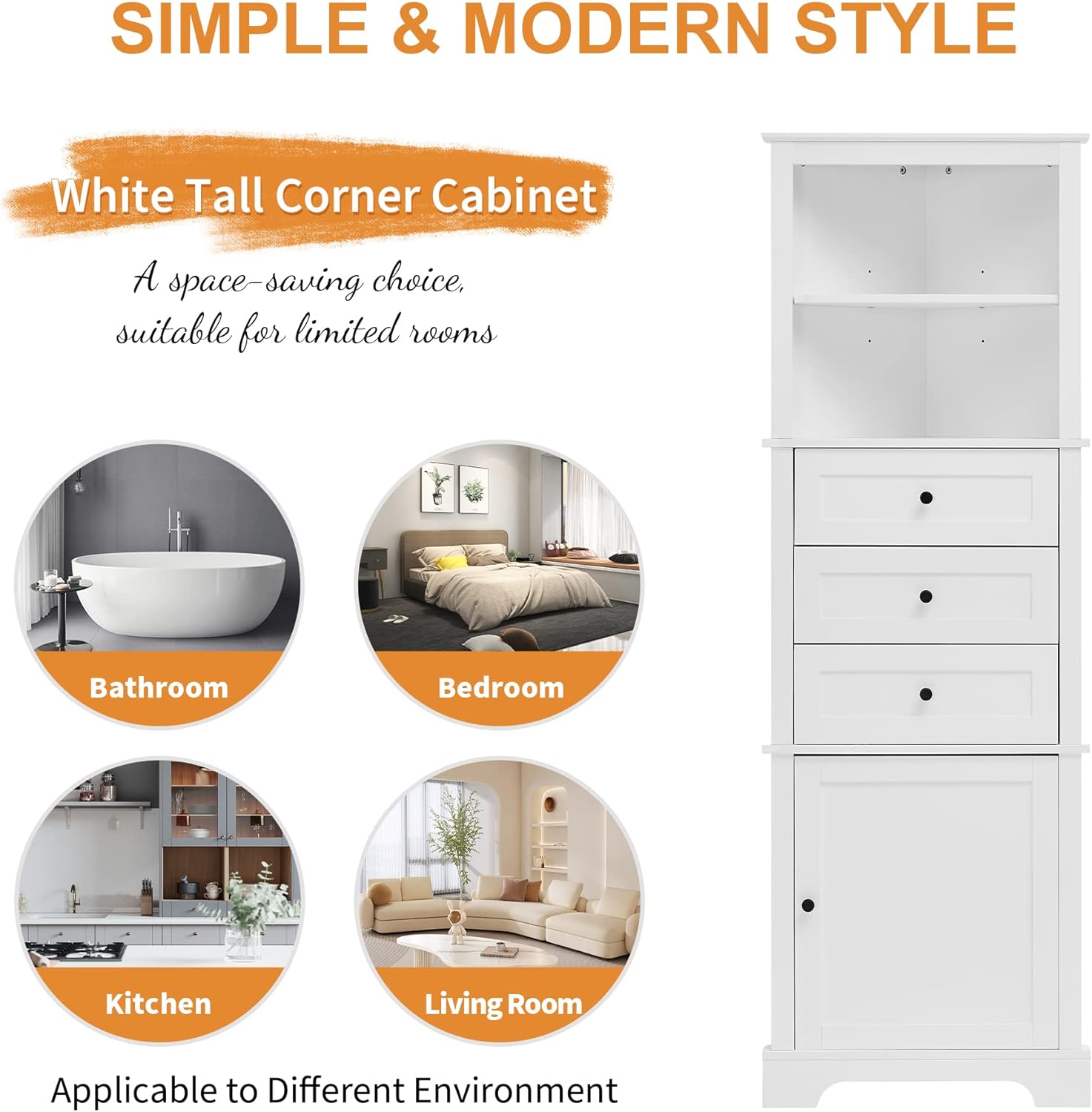 689 Inch Tall Triangle Corner Cabinet with 3 Drawers and Adjustable Shelf Freestanding Storage Cabinet White