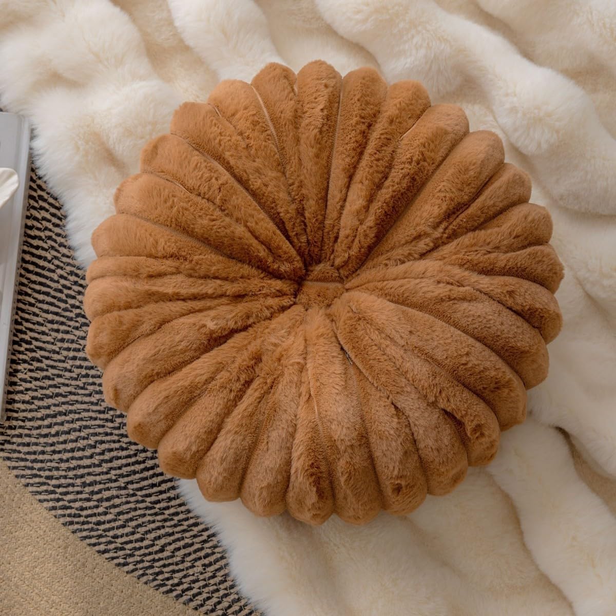 Round Pumpkin Throw Pillow Faux Rabbit Fur Decor