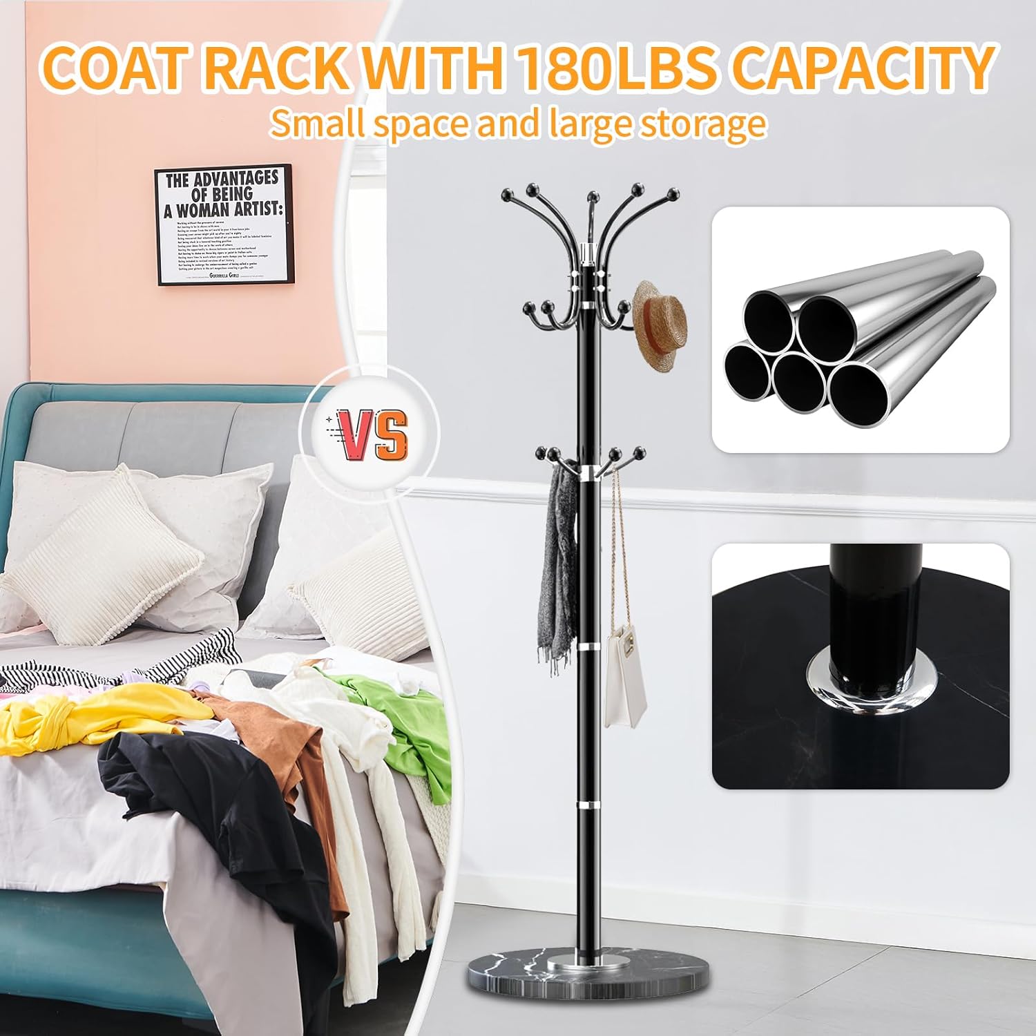 Snaikor Modern Coat Rack with Marble Base Black