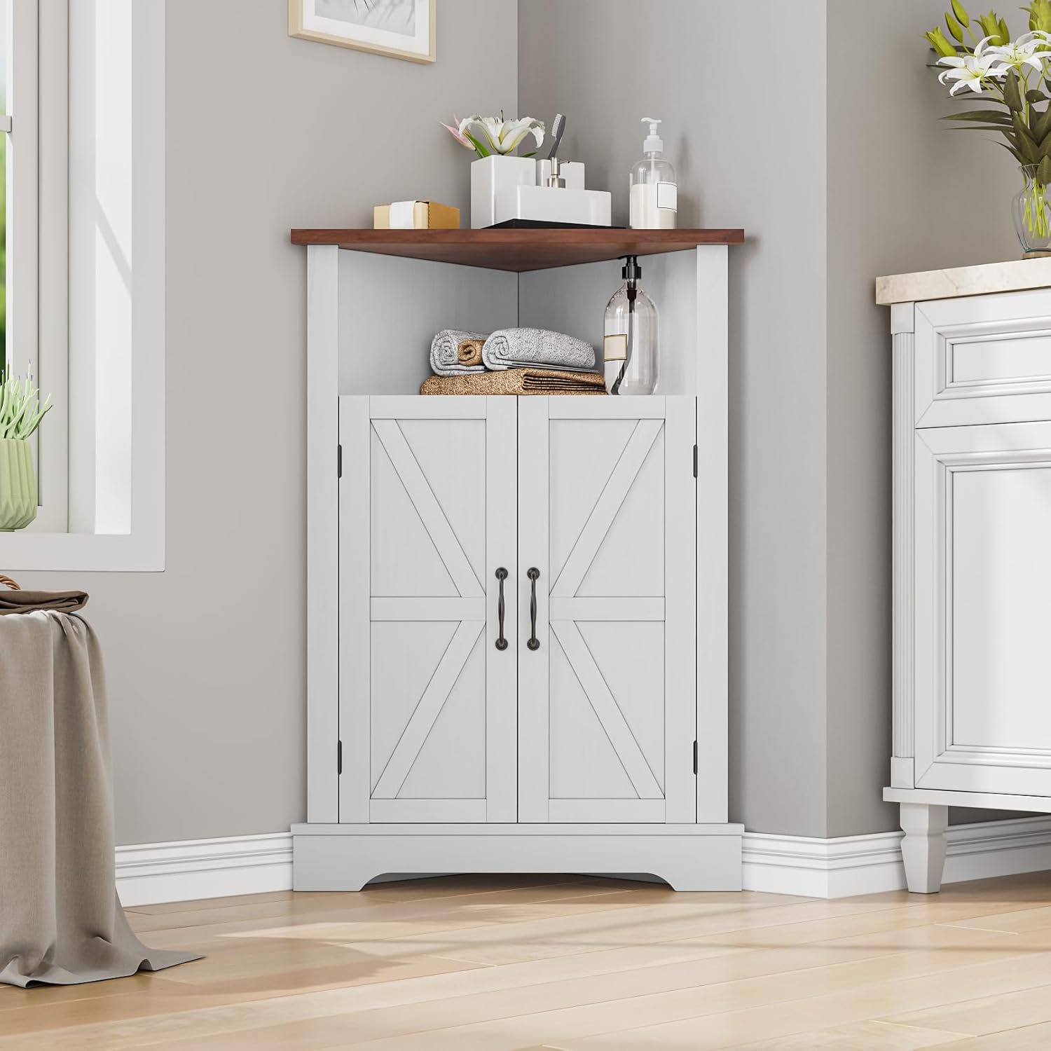 Mino Kesper Farmhouse Corner Cabinet with Adjustable Shelves White