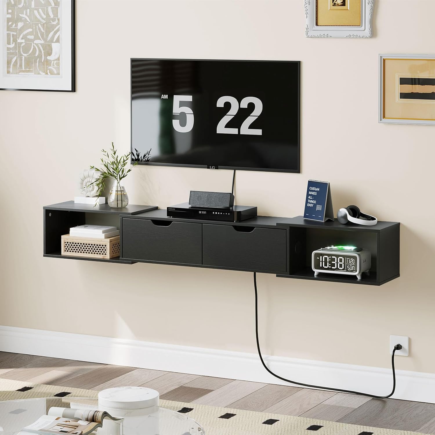 HOOBRO 622 Floating TV Stand with Power Outlet Black