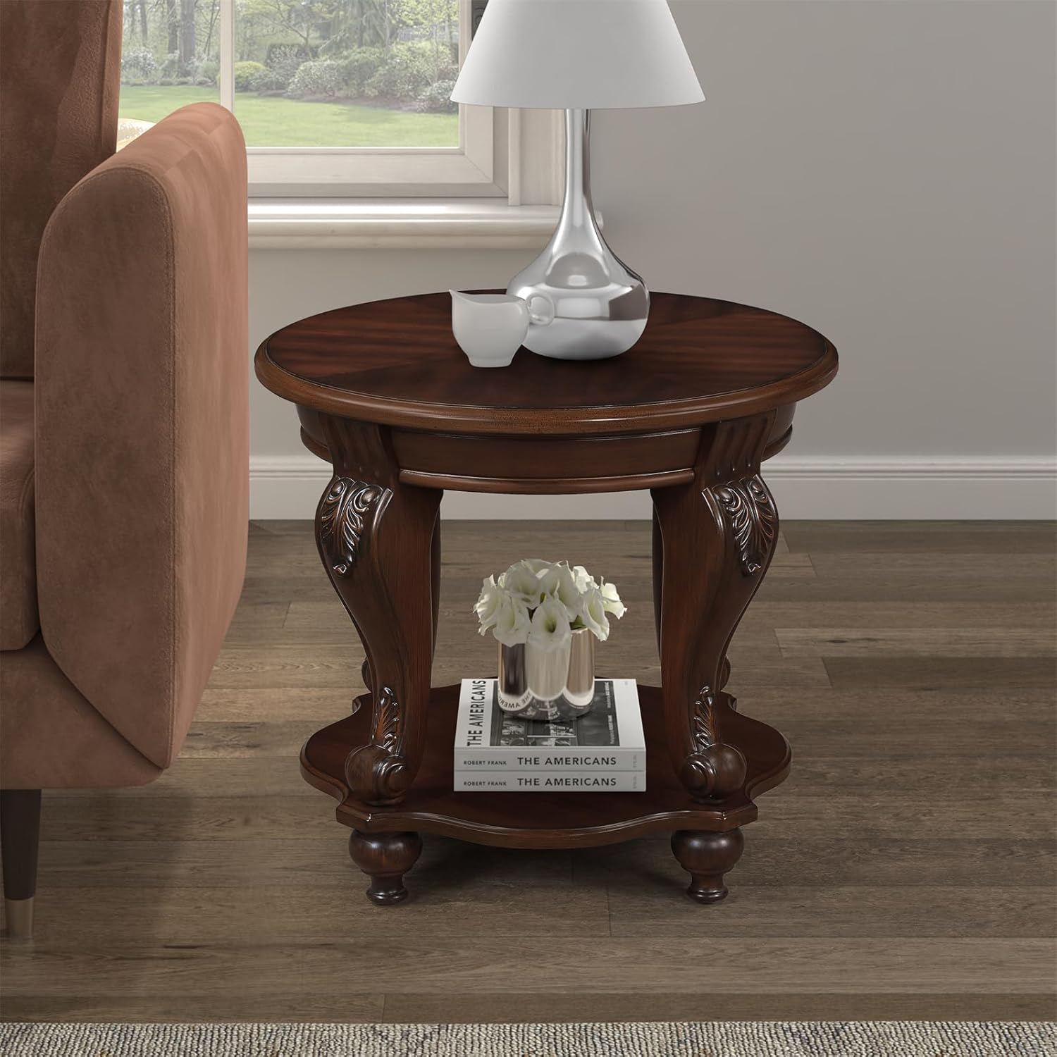 22 Inch Round End Table with Storage Shelf and Cherry Finish