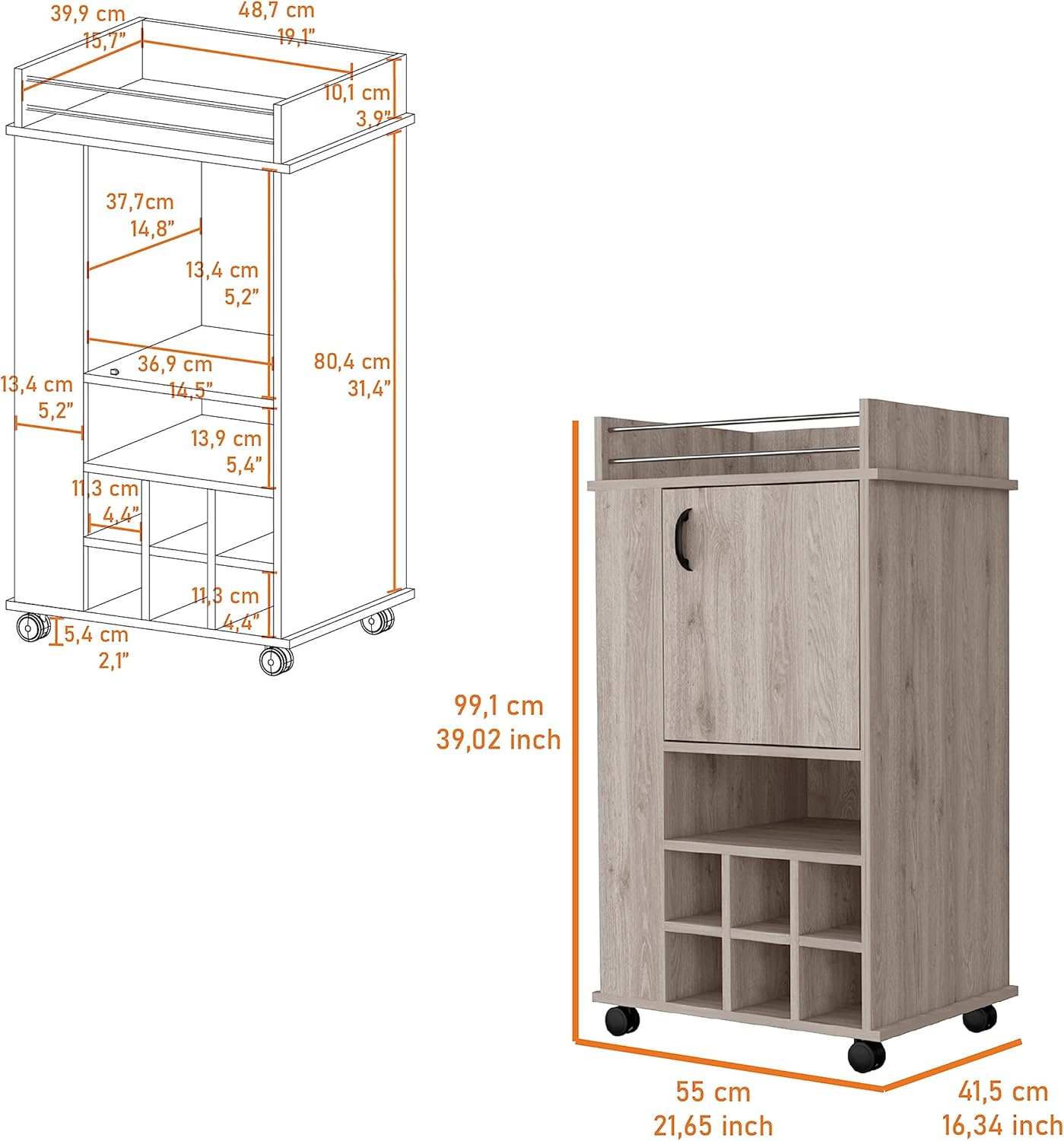 Strawberry Fairy 1-Door Bar Cart Light Gray