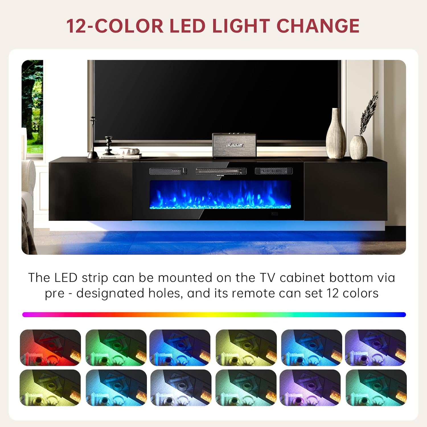 Oneinmil 70 Inch Floating TV Stand with Electric Fireplace