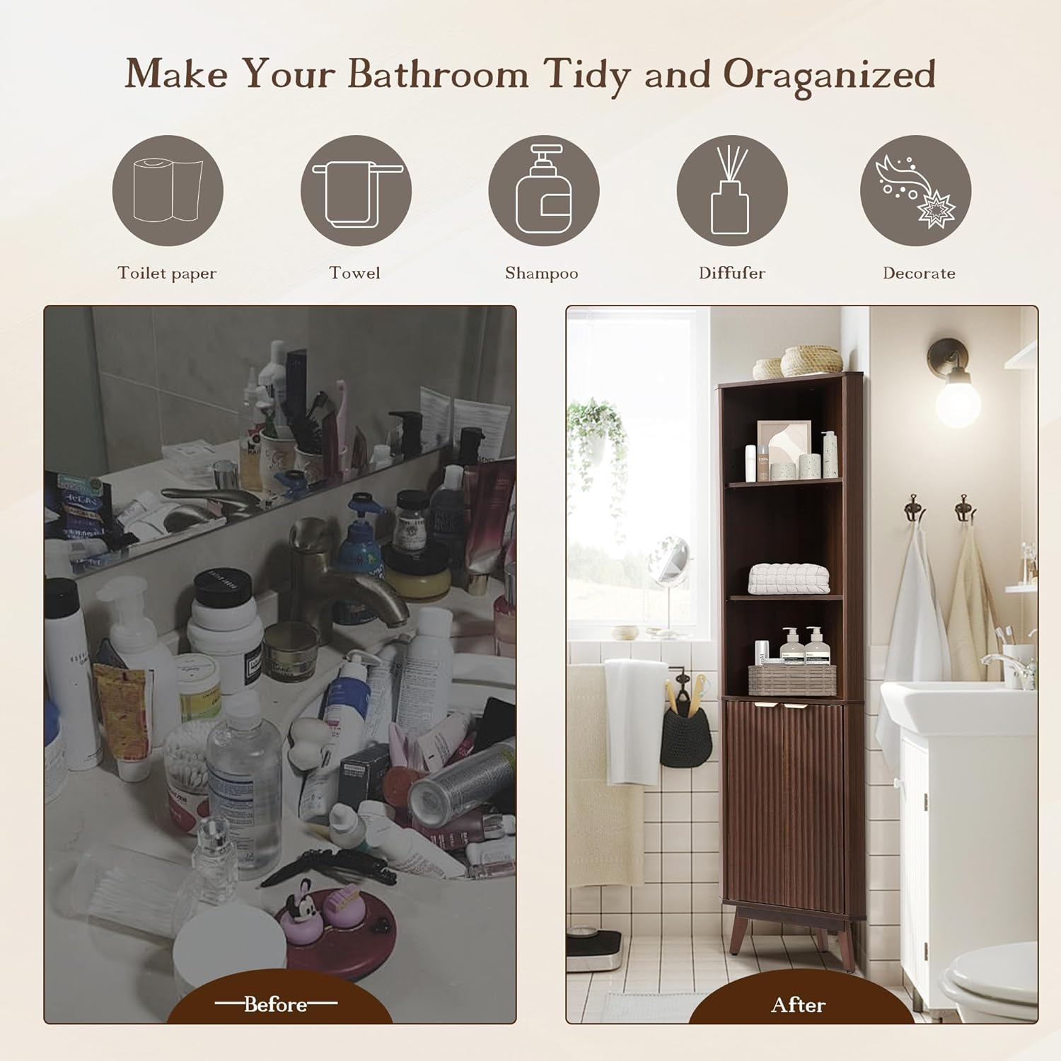 Grepatio 68 Tall Corner Cabinet with Fluted Doors and Adjustable Shelves