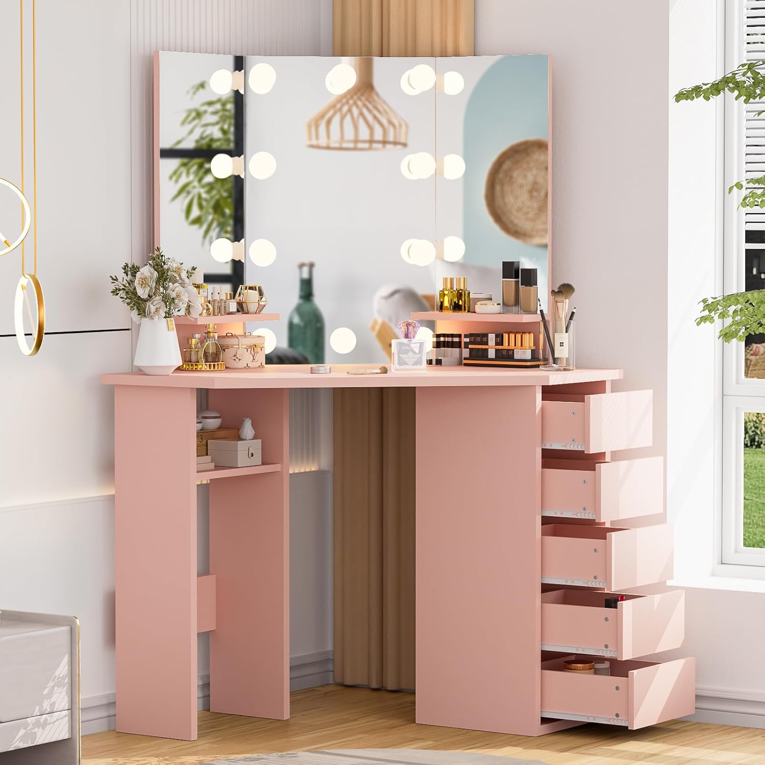 Likein Corner Vanity Desk with Mirror and Lights