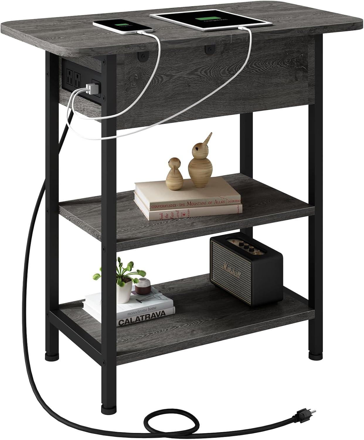 LIDYUK End Table with Charging Station USB Ports and Outlets Flip Top Side Table for Small Spaces Dark Grey