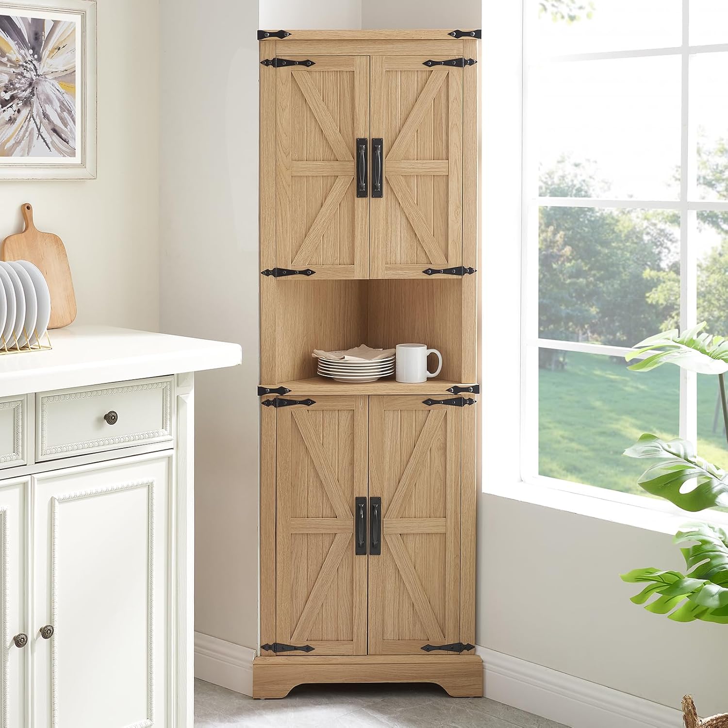 Tall Farmhouse Corner Cabinet with 4 Doors and Adjustable Shelves