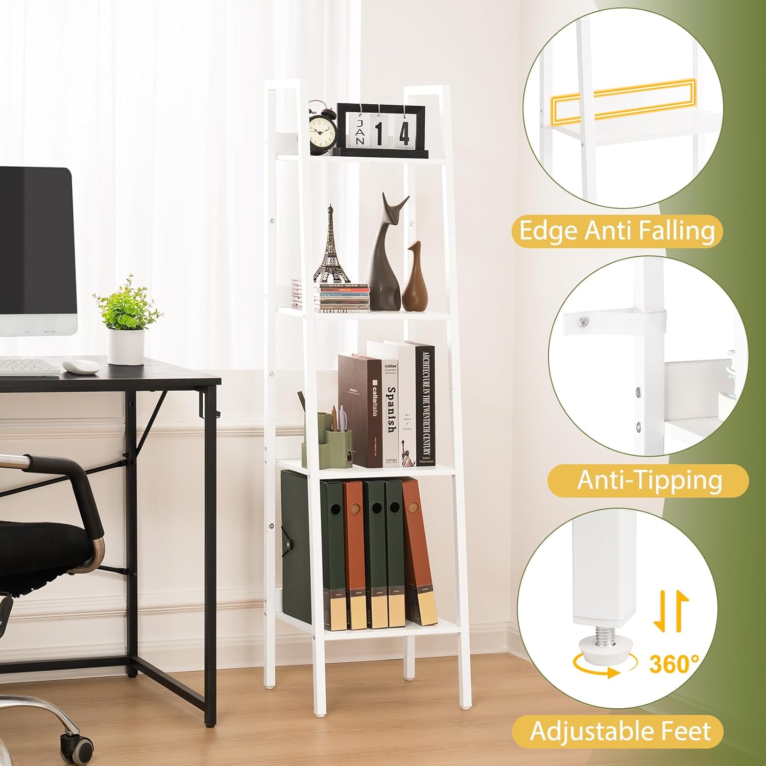 Yoobure 4 Tier Ladder Bookshelf Corner Storage Shelf