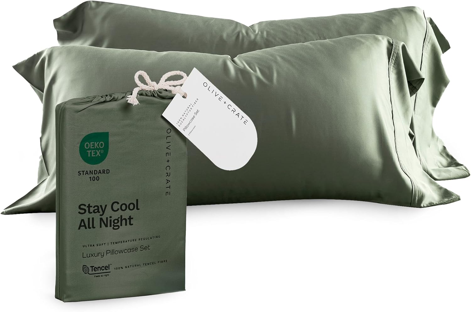 Olive Crate Tencel Eucalyptus Pillowcases - Cooling King Size Set of 2 Moss