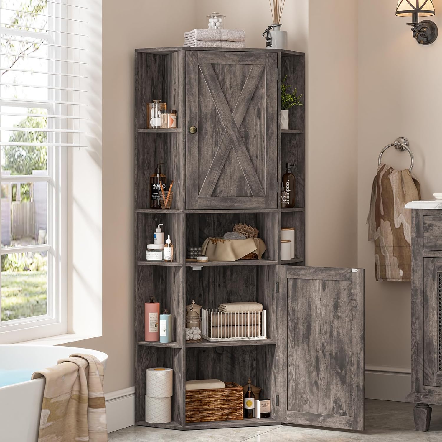 Farmhouse Corner Cabinet with Adjustable Shelves and Doors Grey 1