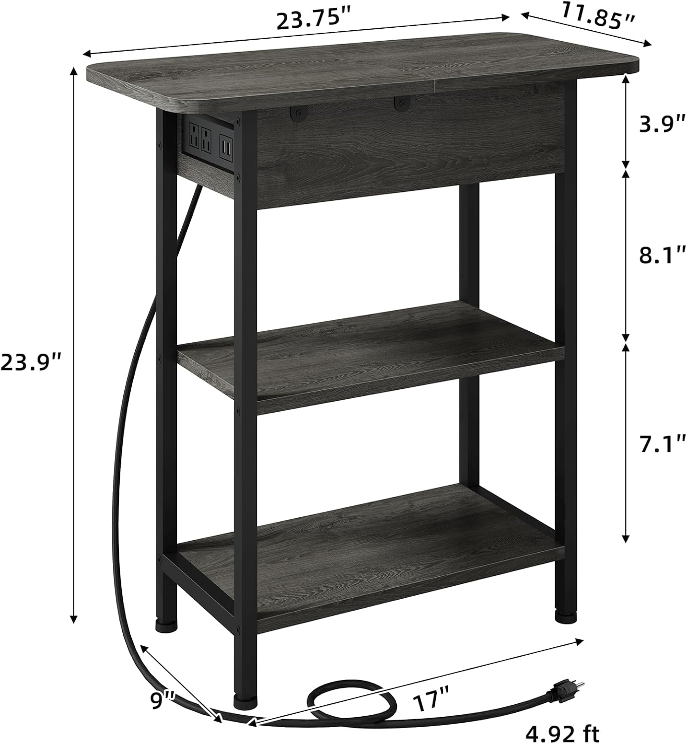 LIDYUK End Table with Charging Station USB Ports and Outlets Flip Top Side Table for Small Spaces Dark Grey