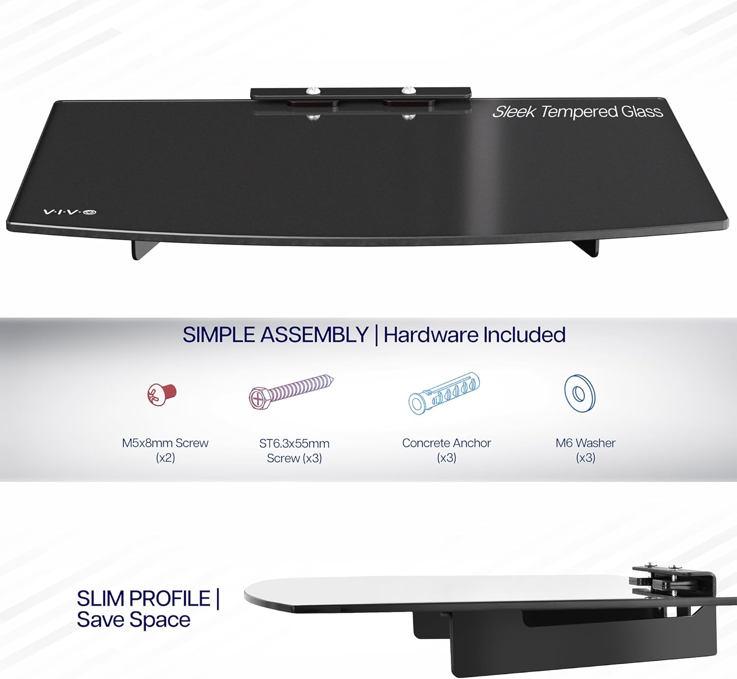 VIVO Floating Wall Mount Tempered Glass Shelf Black