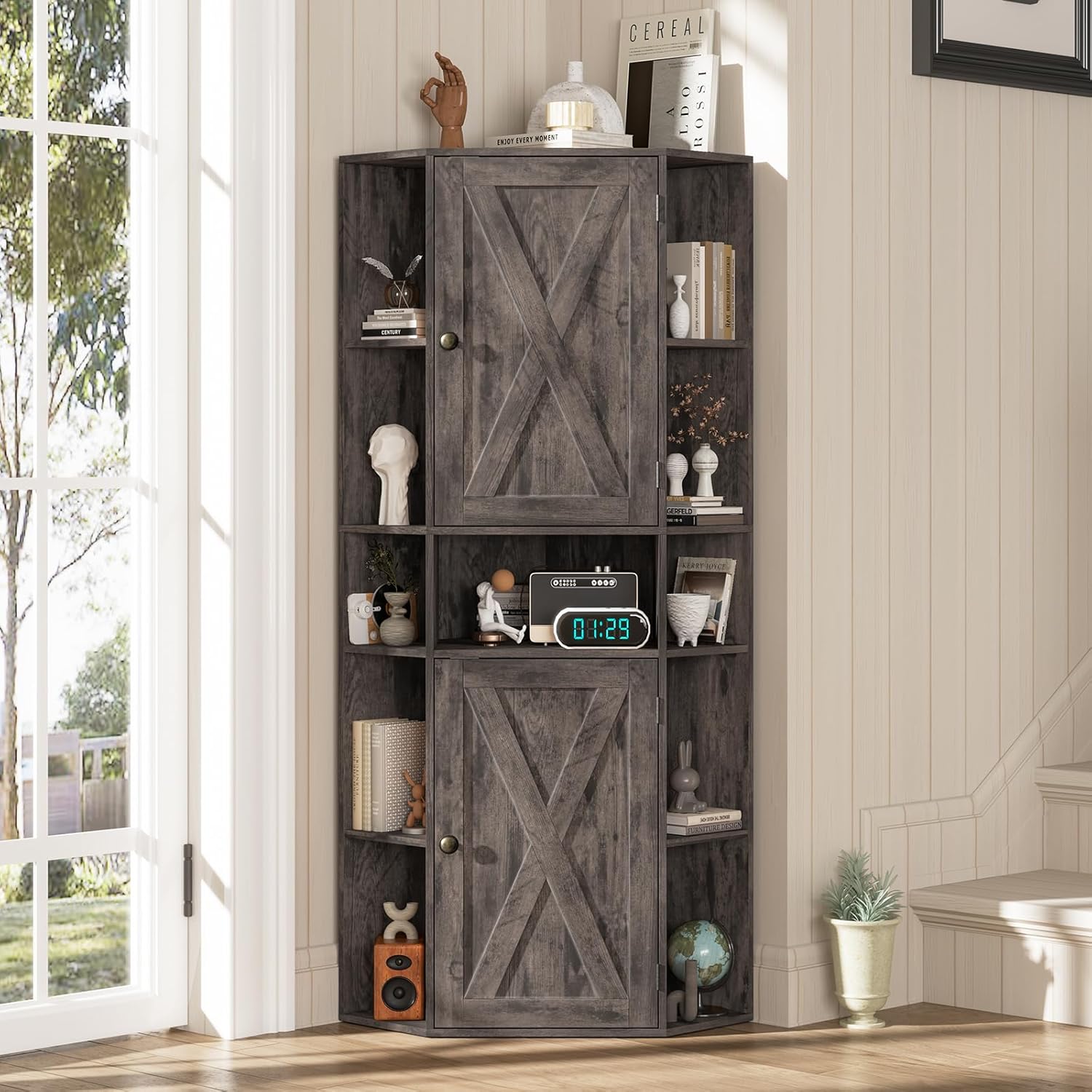 Farmhouse Corner Cabinet with Adjustable Shelves and Doors Grey 1