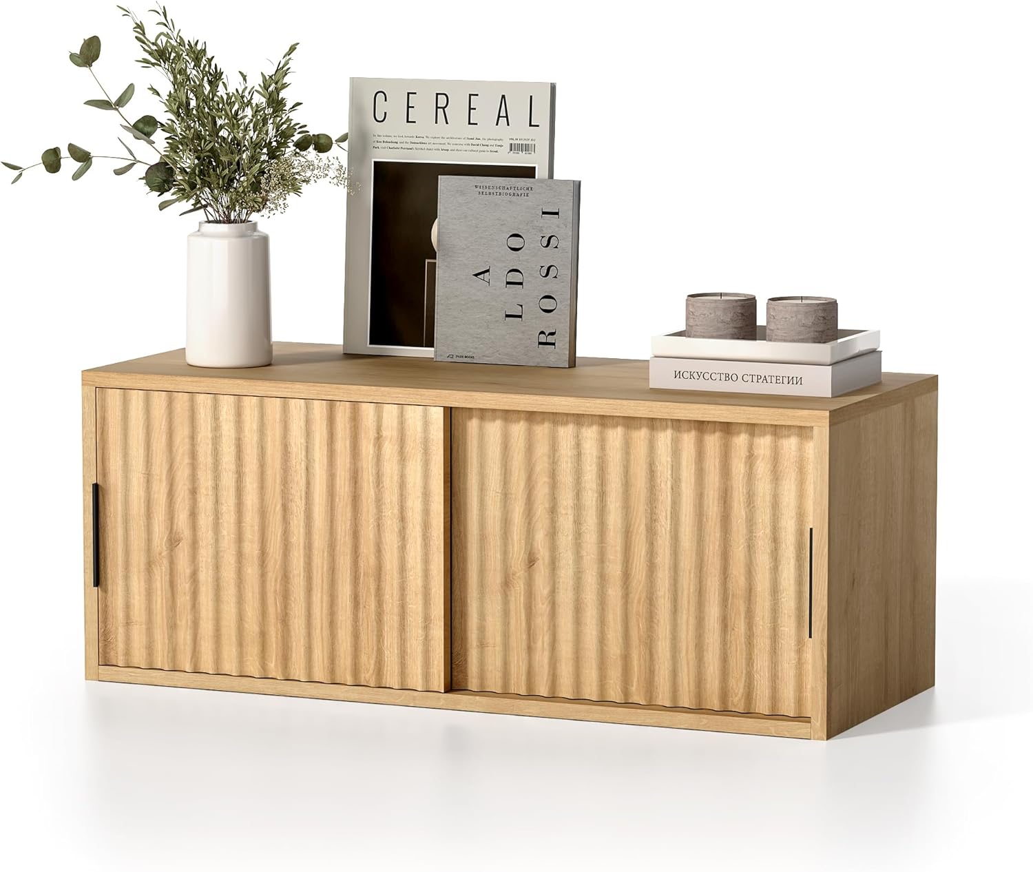 Fluted Wall Cabinet with Sliding Doors Natural Oak