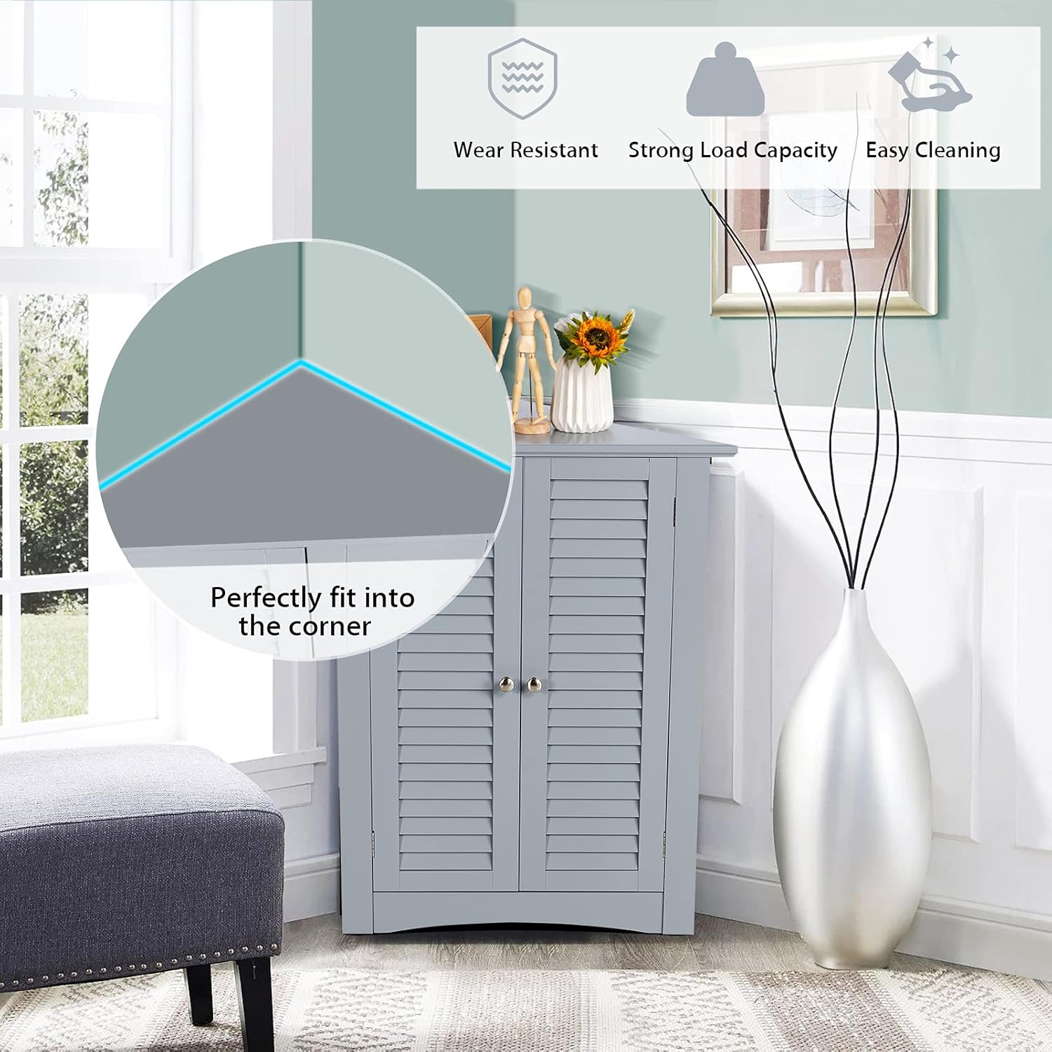 Tangkula Corner Cabinet with Double Doors and Adjustable Shelf Grey