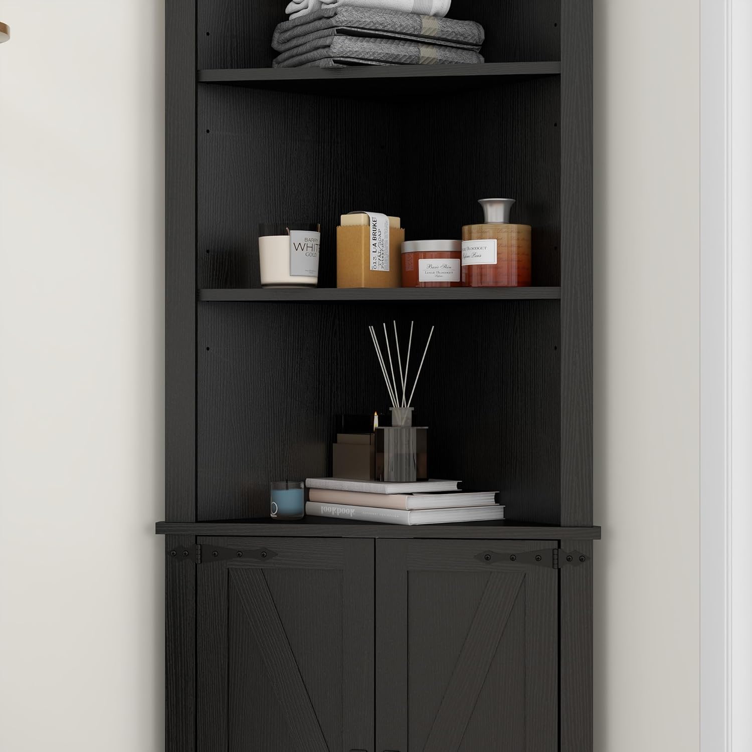 Panana Tall Corner Cabinet with Barn Door Black
