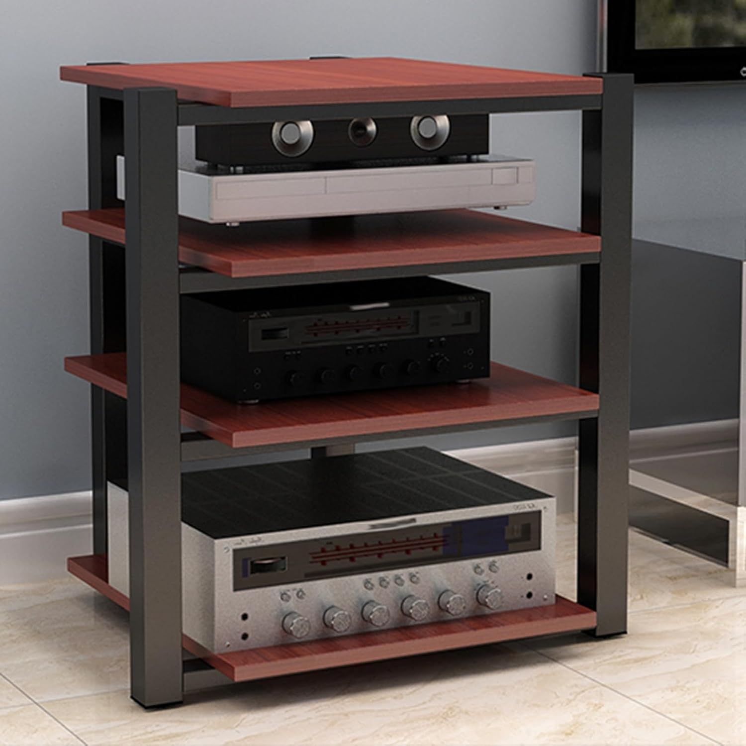 Teak Media Shelf 4 Tier Heavy Duty Audio Stand