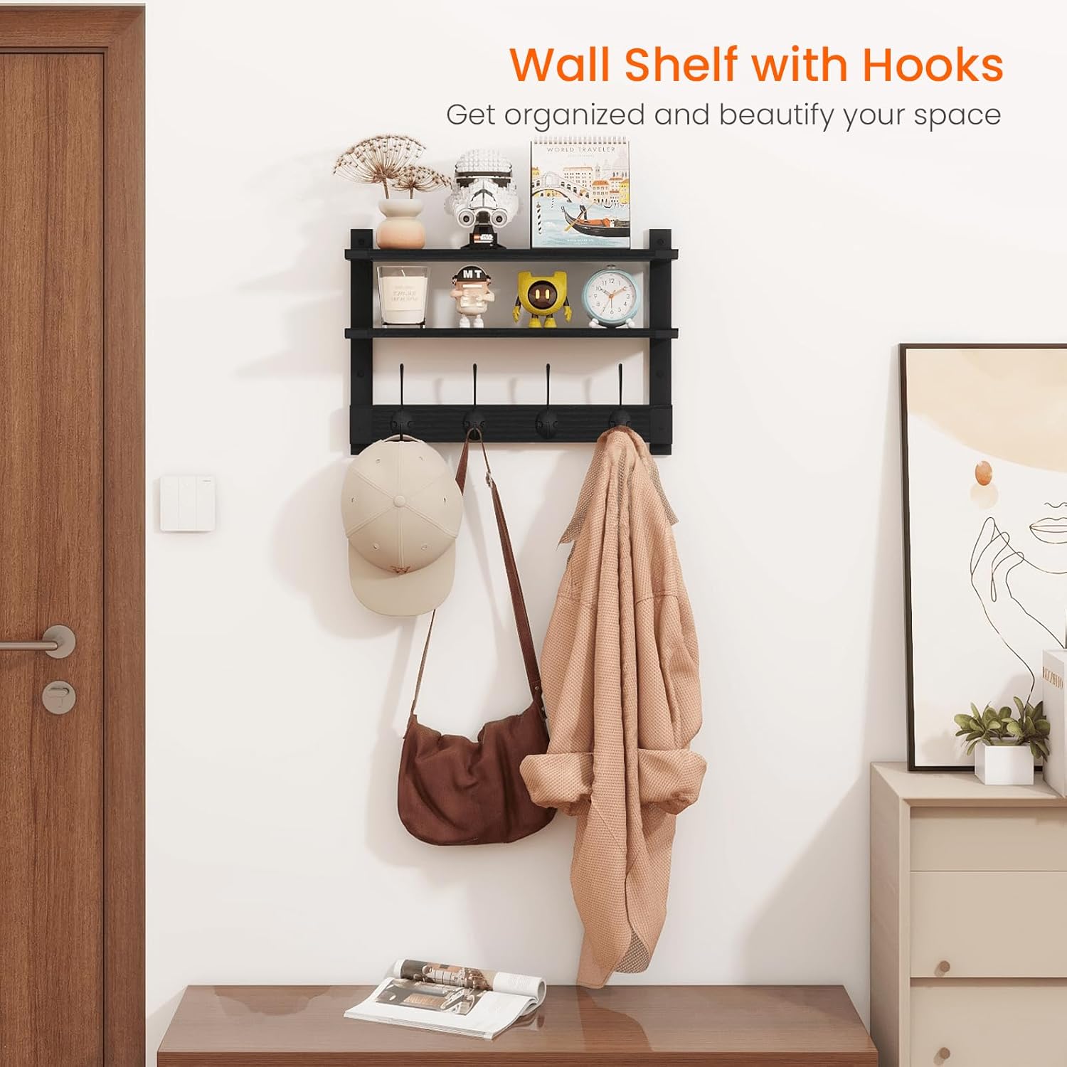 Homode 2 Tier Wall Shelf with Hooks Coat Rack