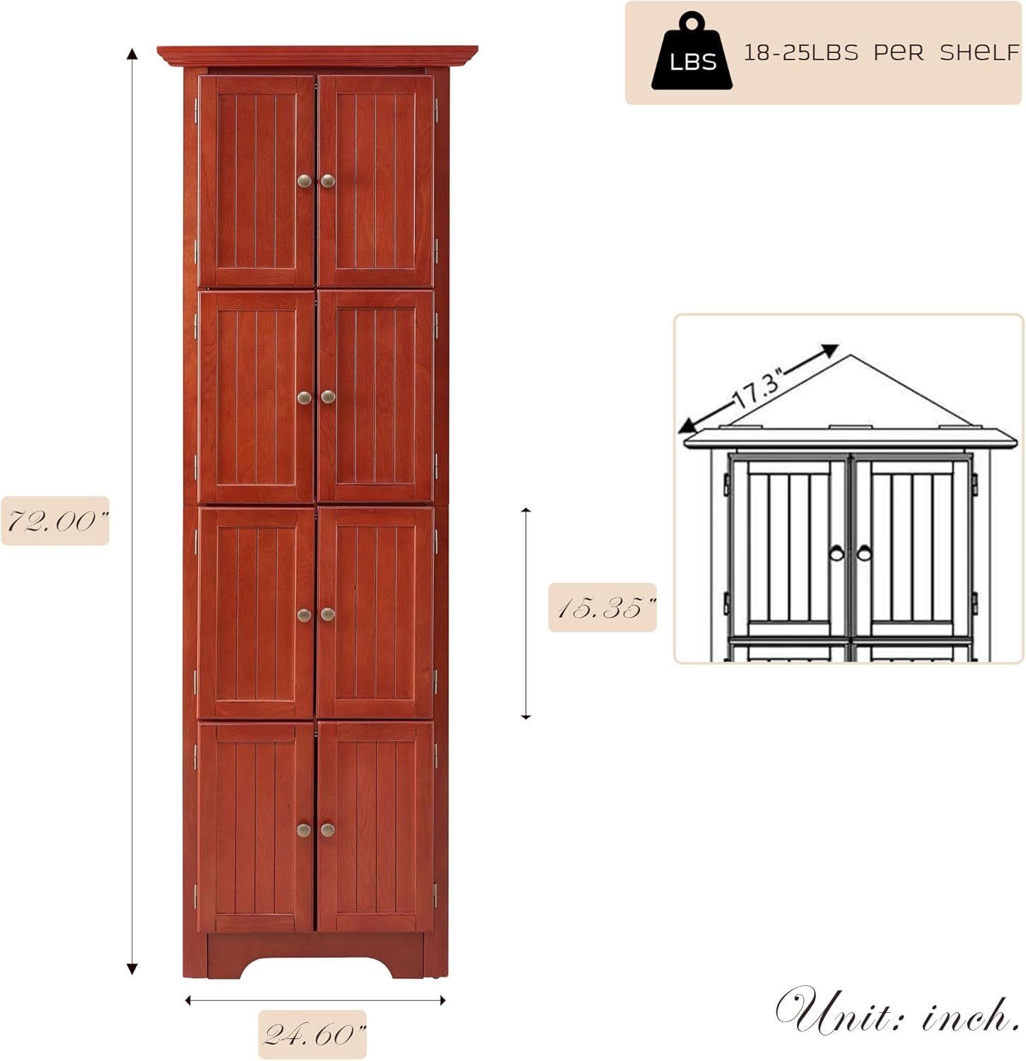 Corner Storage Cabinet 72 Inch Tall Wooden Kitchen Pantry with 8 Doors and 4 Adjustable Shelves