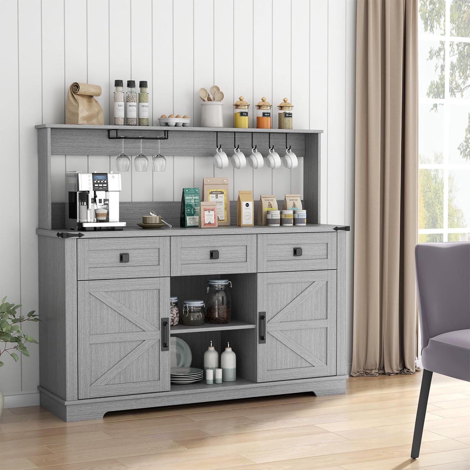 Gyfimoie Farmhouse Bar Cabinet with Hutch and 3 Drawers