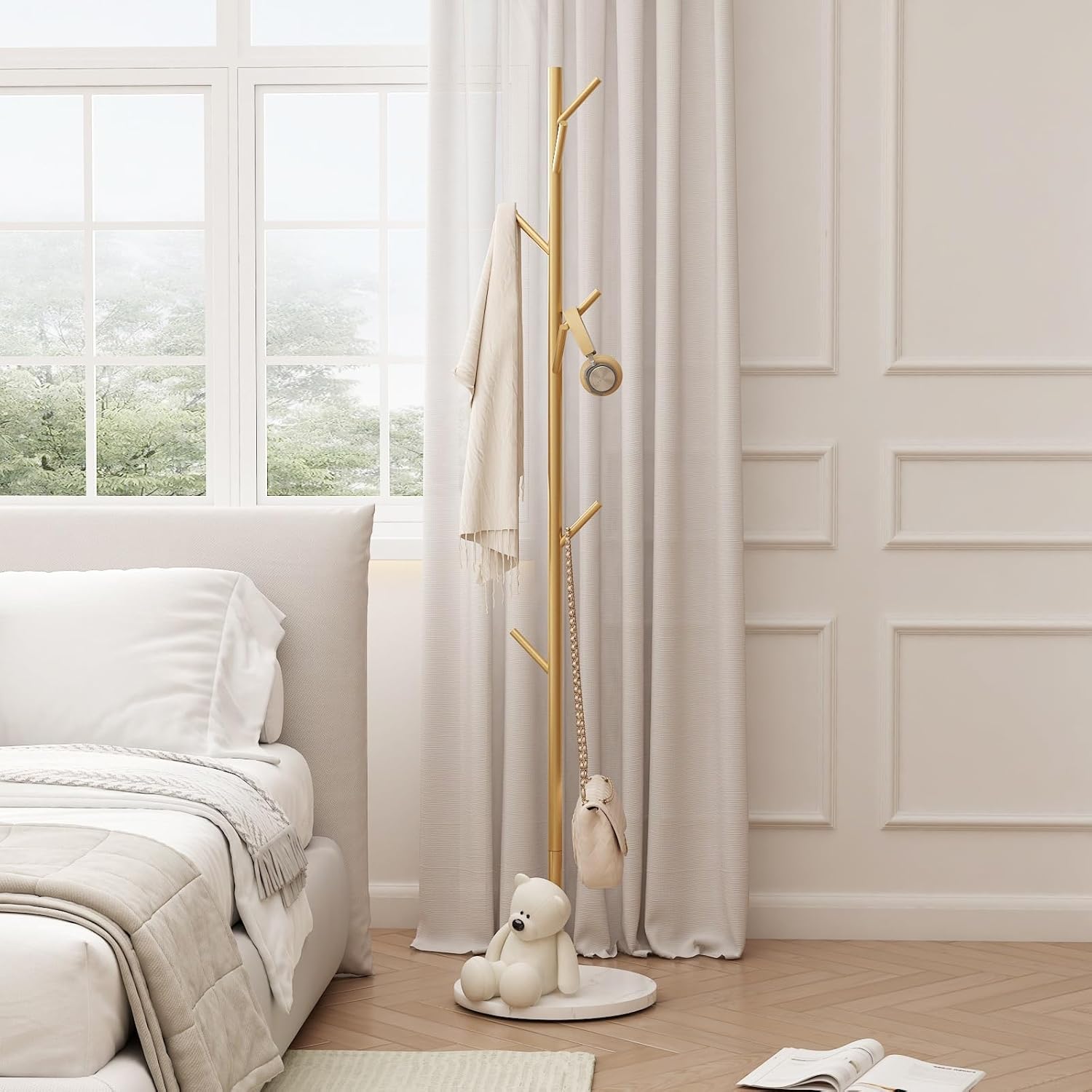 Gold Coat Rack Freestanding with Marble Base and 8 Hooks