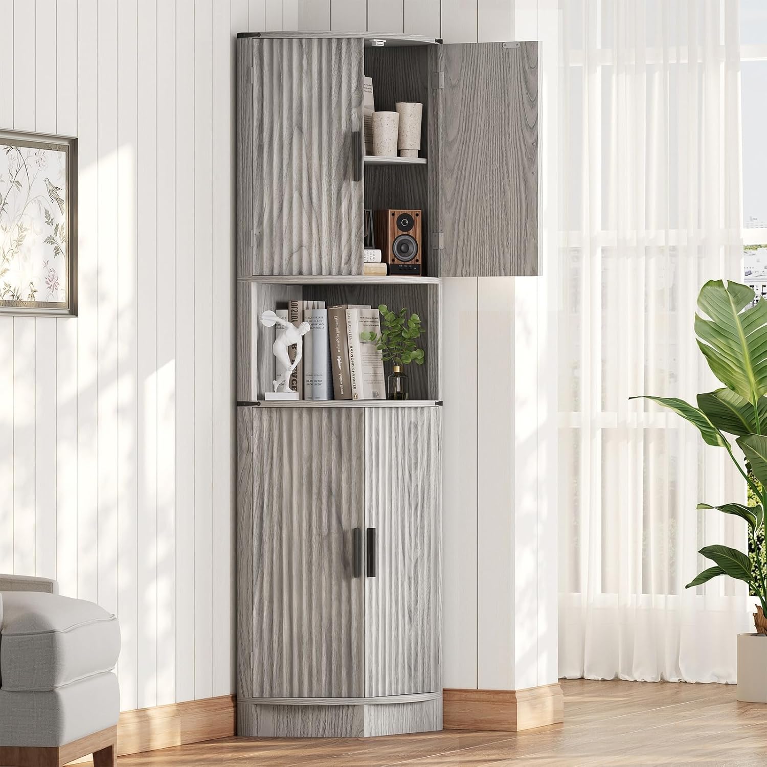 Maupvit 68 Inch Tall Corner Storage Cabinet with 4 Doors and 5 Shelves Rustic Gray