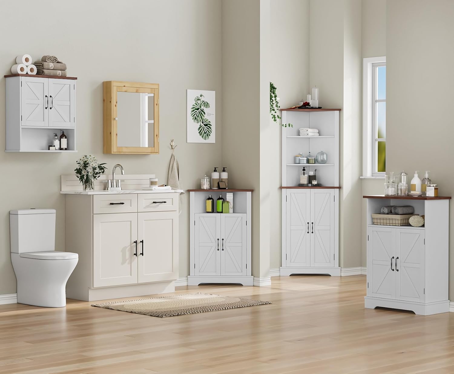Mino Kesper Farmhouse Corner Cabinet with Adjustable Shelves White