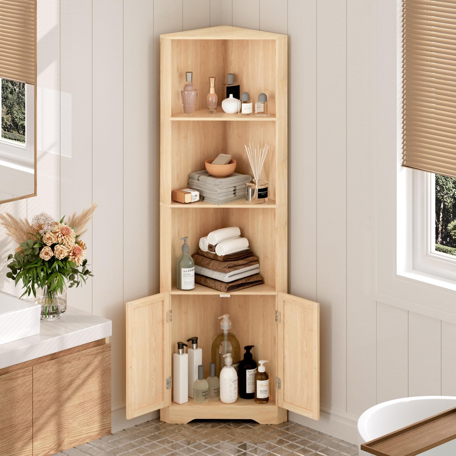 CHUWELL Corner Cabinet with Adjustable Shelves and Barn Doors
